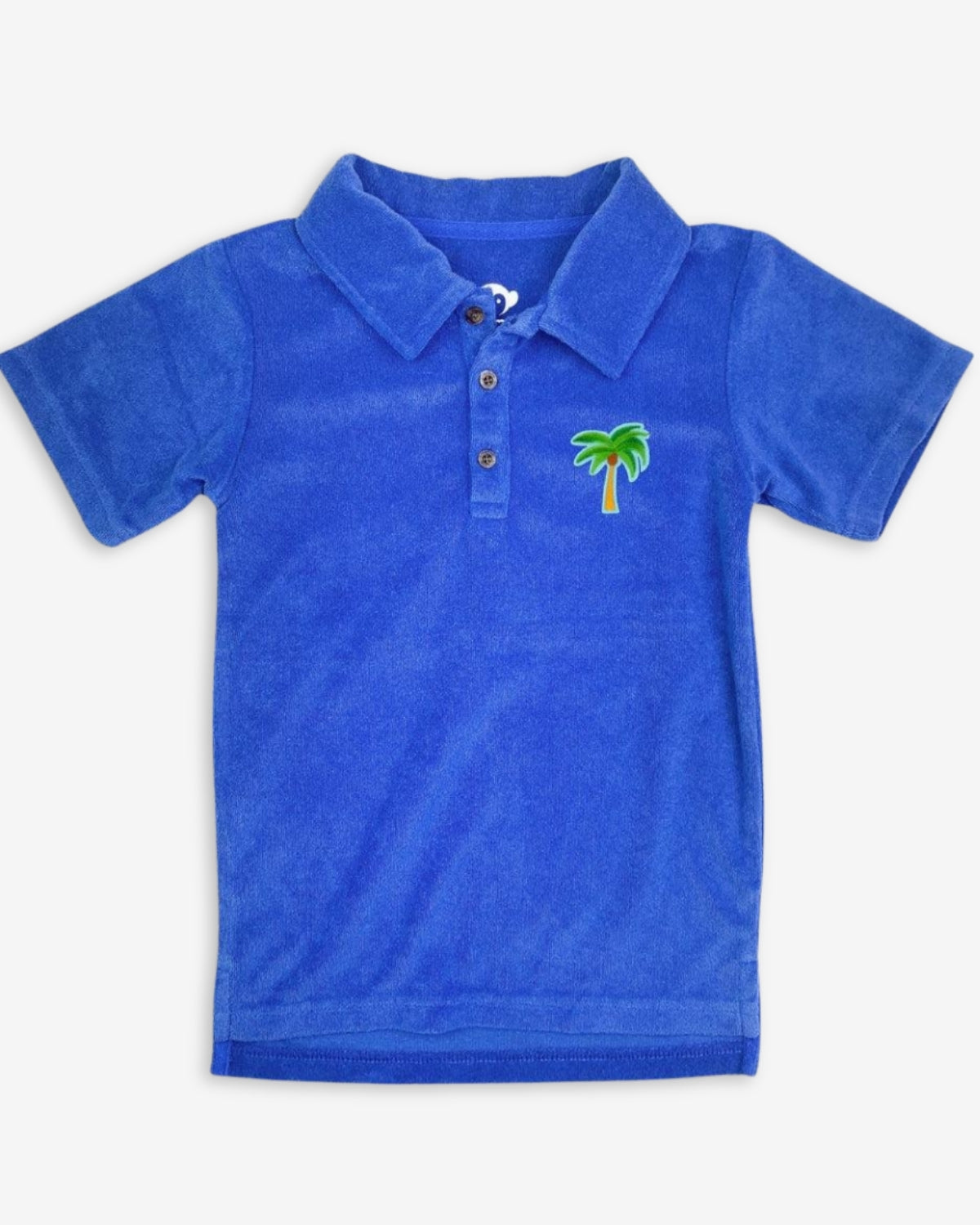 Bright blue polo shirt with palm tree embroidery, perfect kids clothes for stylish boys and girls. Quality for back to school!