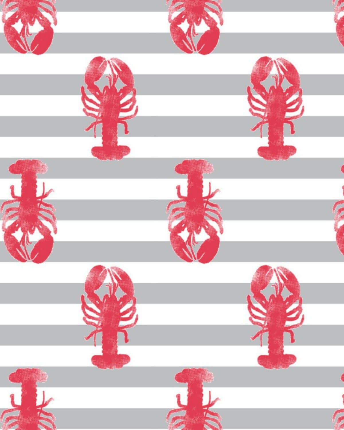 Playful lobster pattern in vibrant coral shades against gray stripes, adding fun flair to kids' stylish outfits.