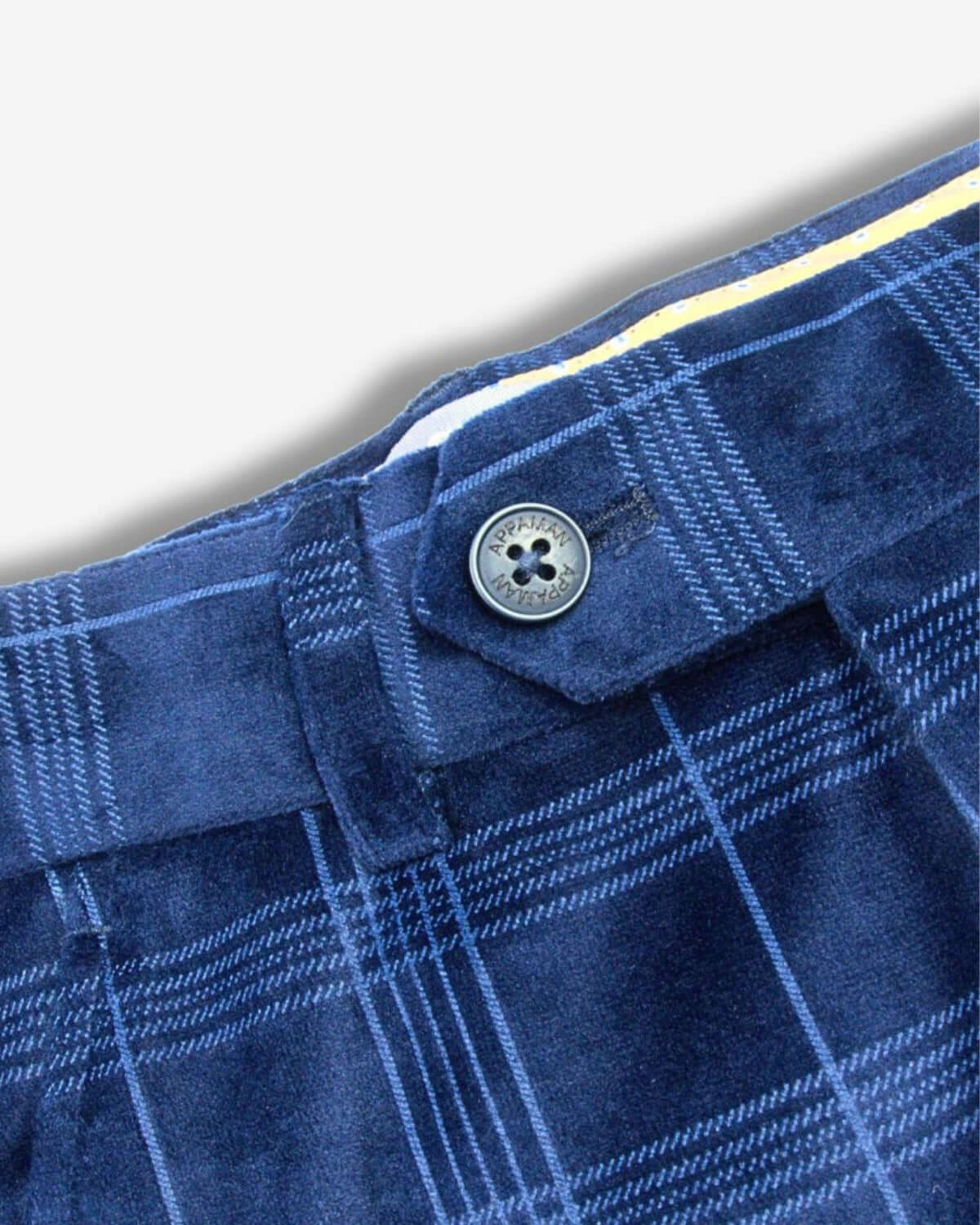 Close-up of Blue Velvet Windows Suit Pants, featuring stylish plaid pattern and chic button, perfect for trendy kids clothes.