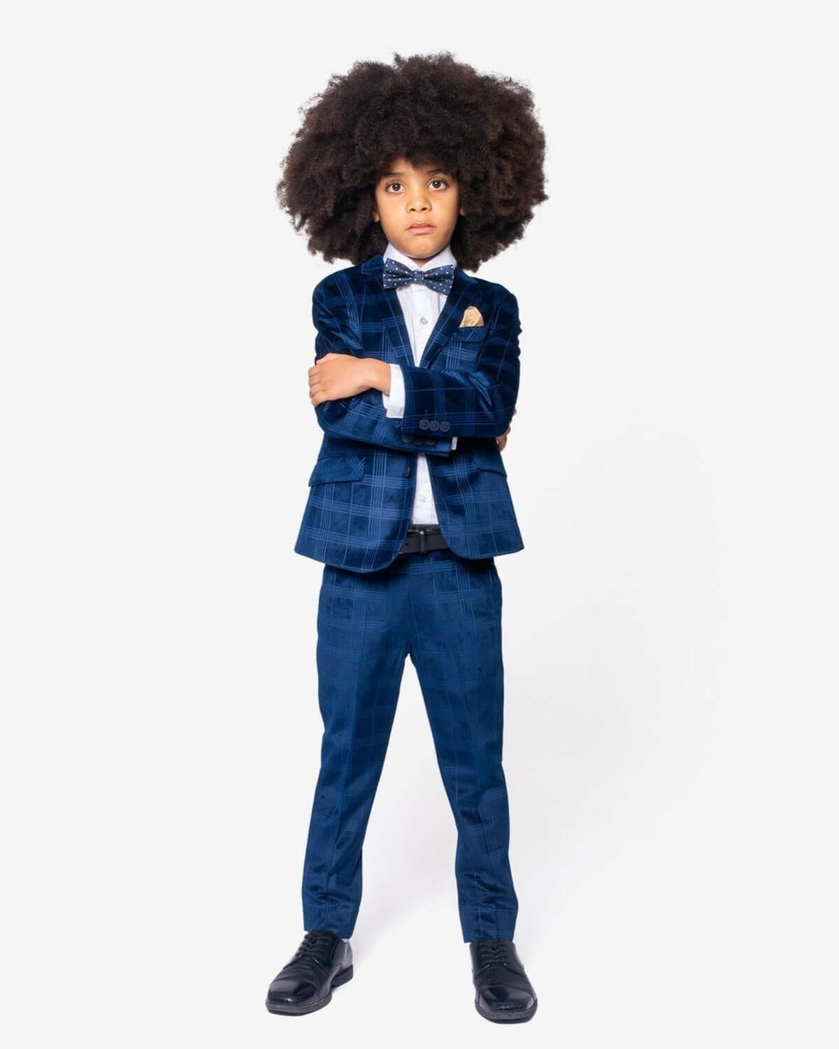 Stylish kid in Blue Velvet Windows Suit, radiating confidence and flair—perfect back-to-school boys clothes!