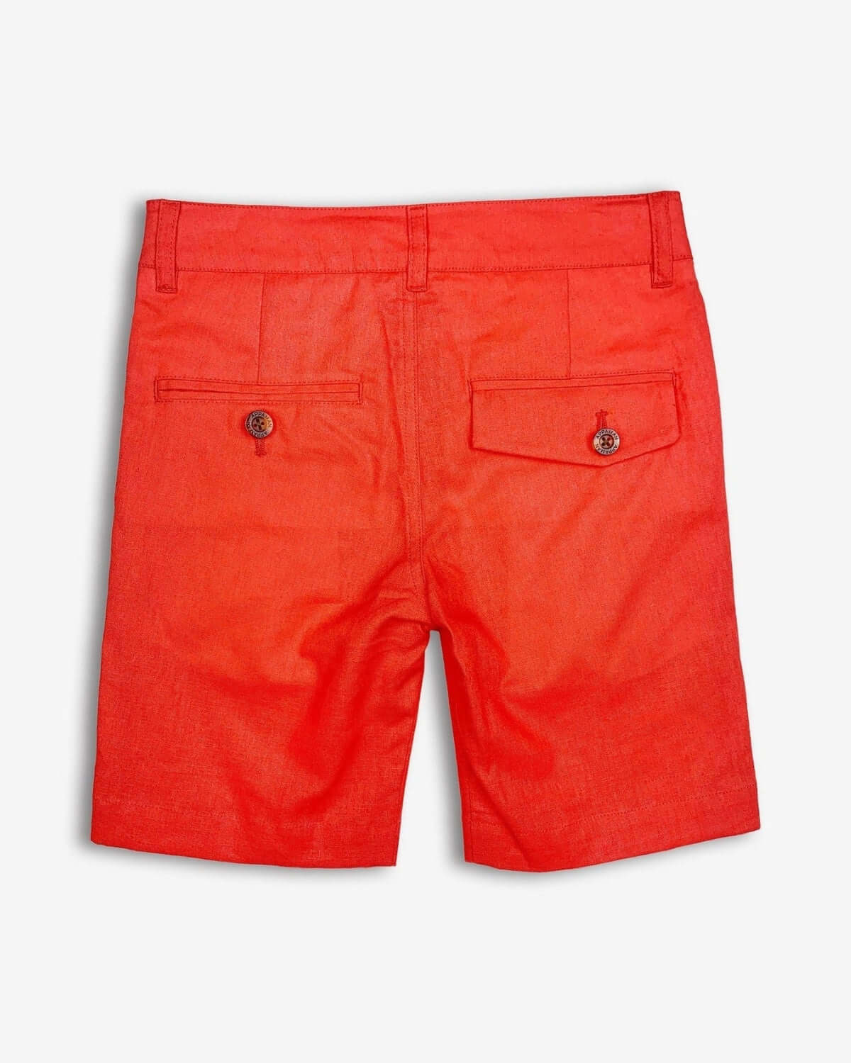 Back view of vibrant coral trouser shorts with button pockets, perfect for stylish kids on the go!