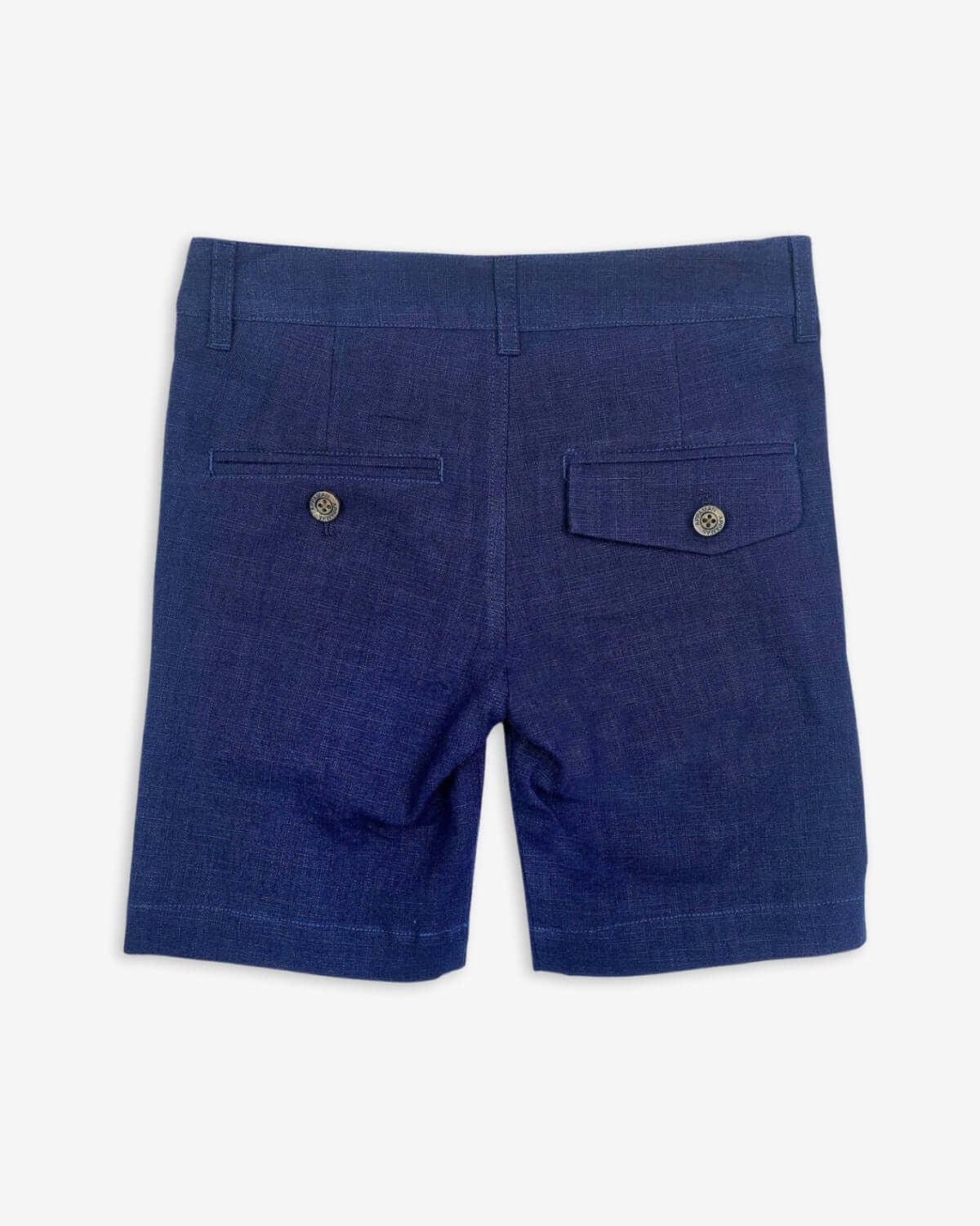 Back view of stylish dark navy trouser shorts for kids, featuring dual pockets, perfect for back-to-school adventures.