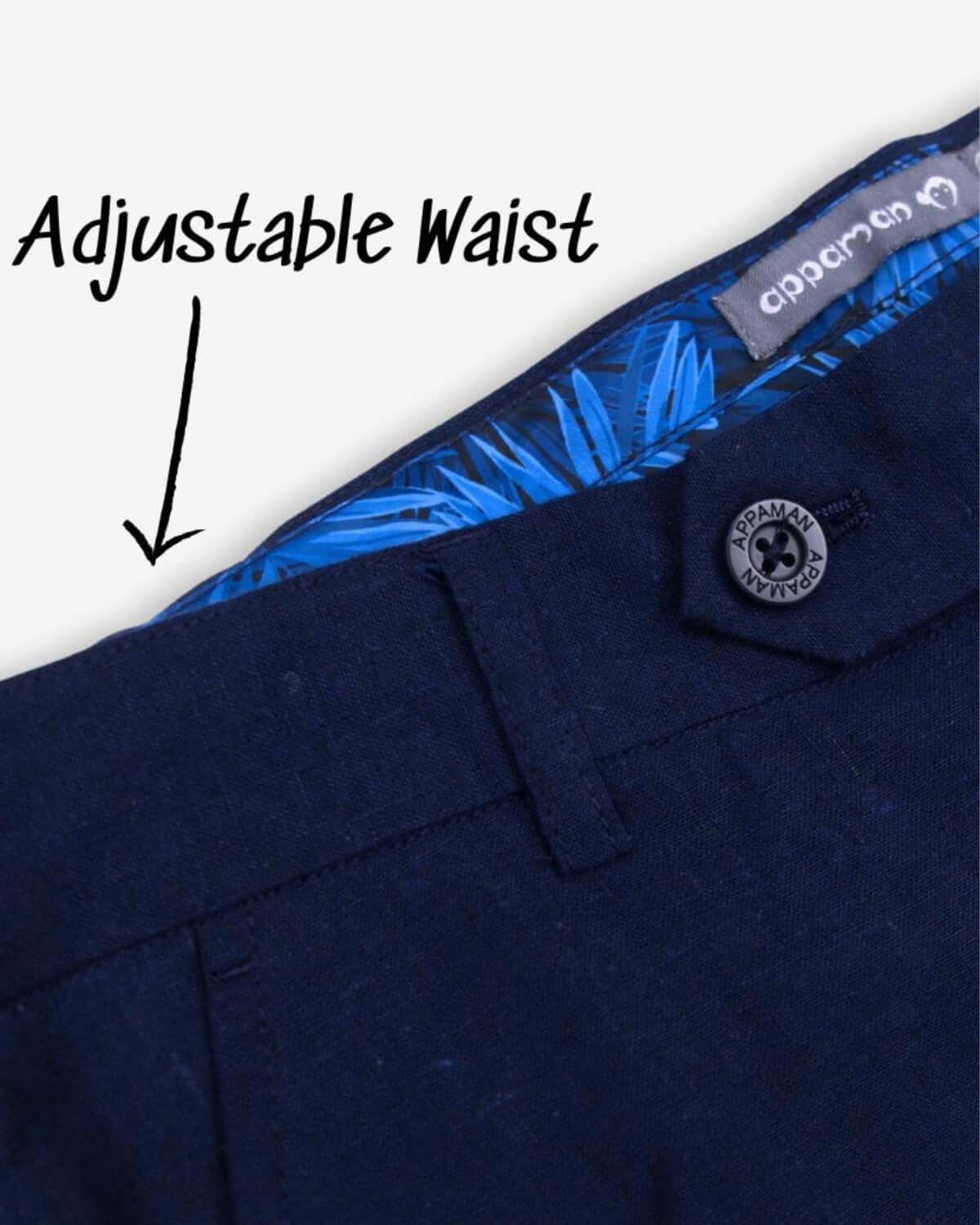 Estate Blue Linen Stretchy Suit Pant showing adjustable waist feature with a stylish inner lining.