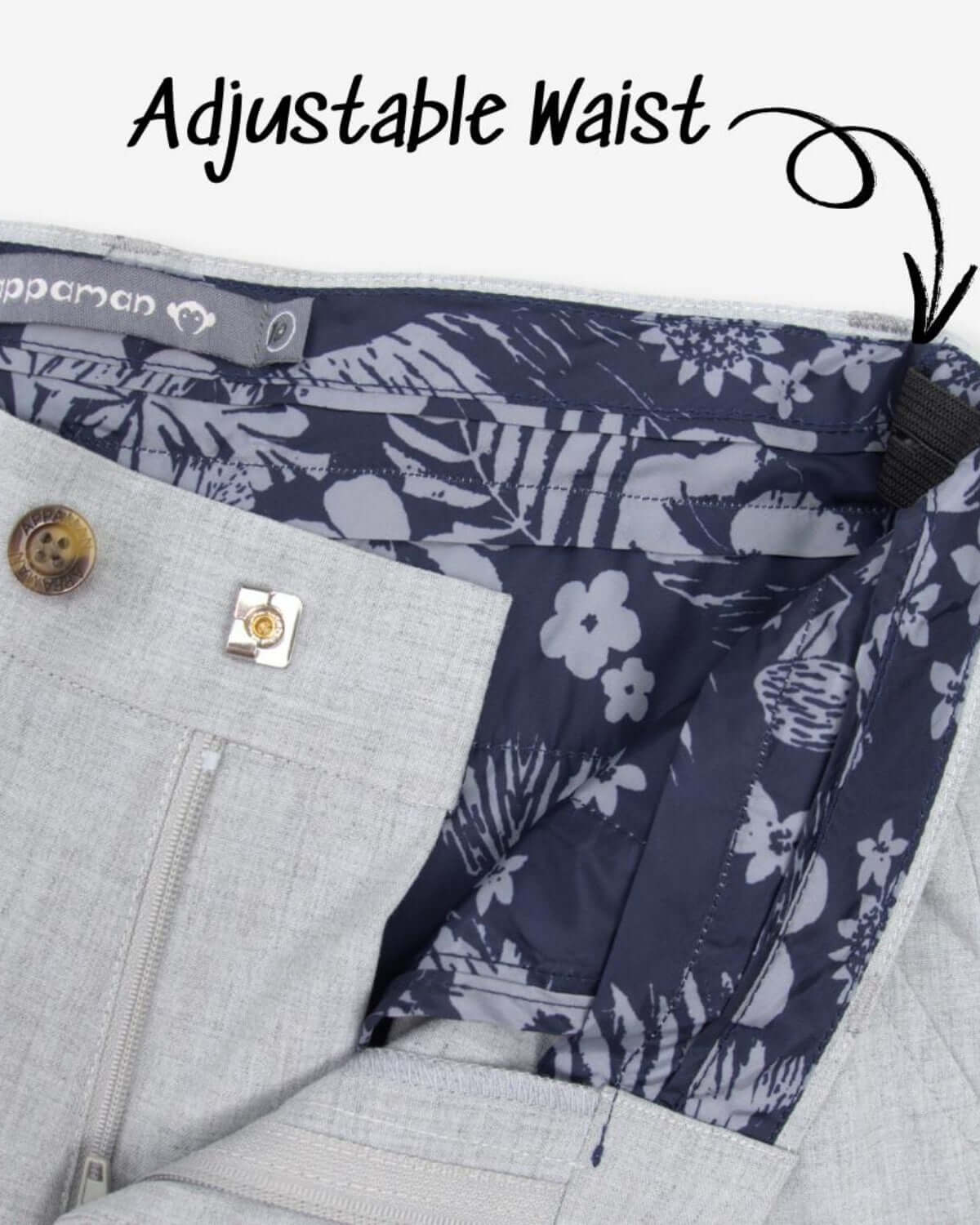 Close-up of adjustable waist feature in Appaman's high rise grey pants, blending style with comfort for kids' clothes.
