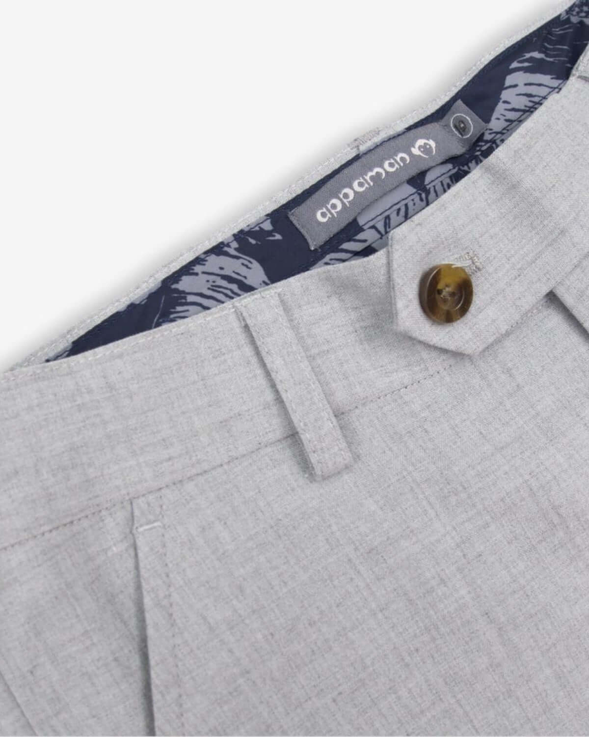 Stylish close-up of Appaman's high rise grey stretchy suit pants with a playful interior lining, perfect for kids' formal wear.