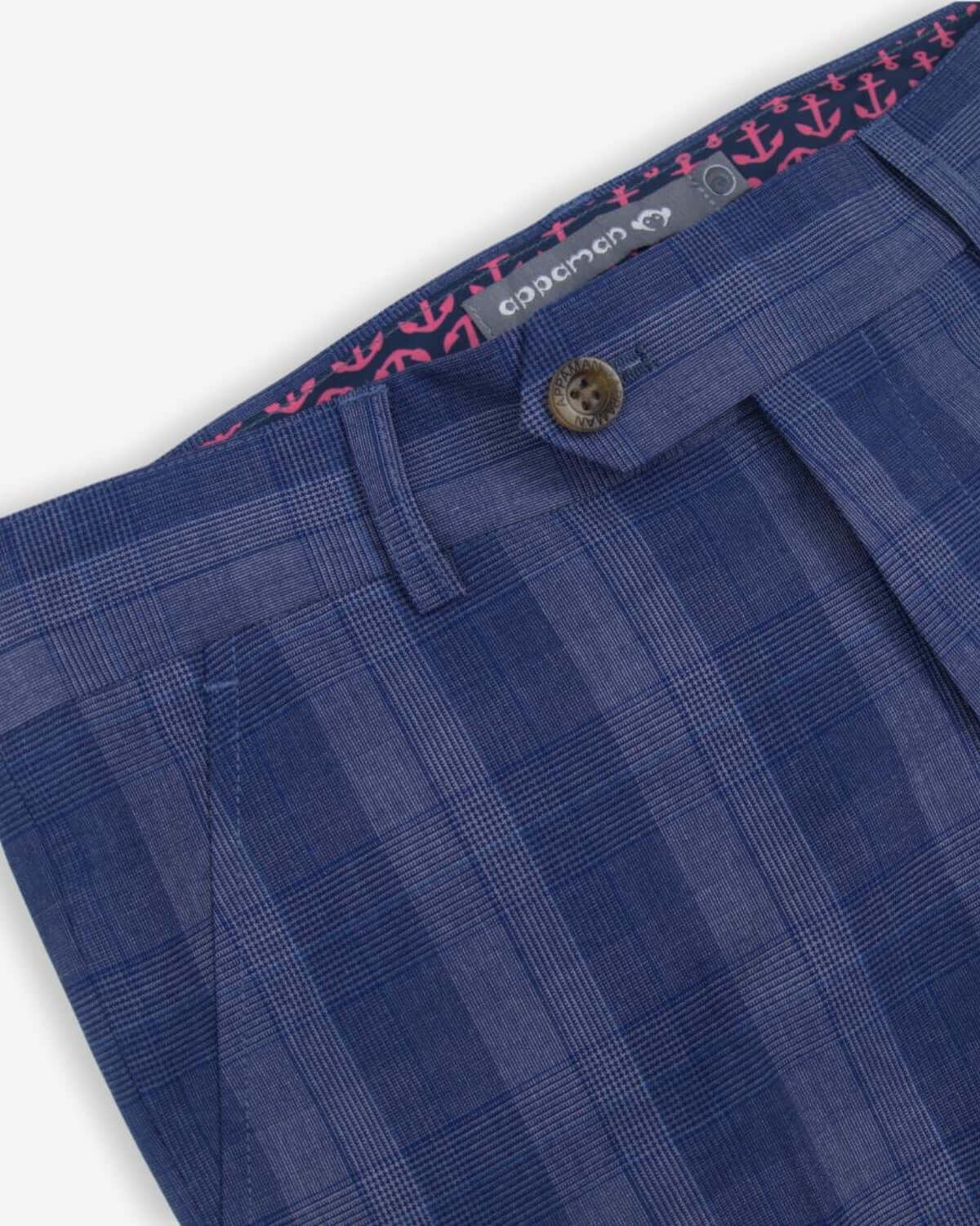 Stylish close-up of Indigo Glen Plaid stretchy suit pants, perfect for back to school in high-quality fabric.