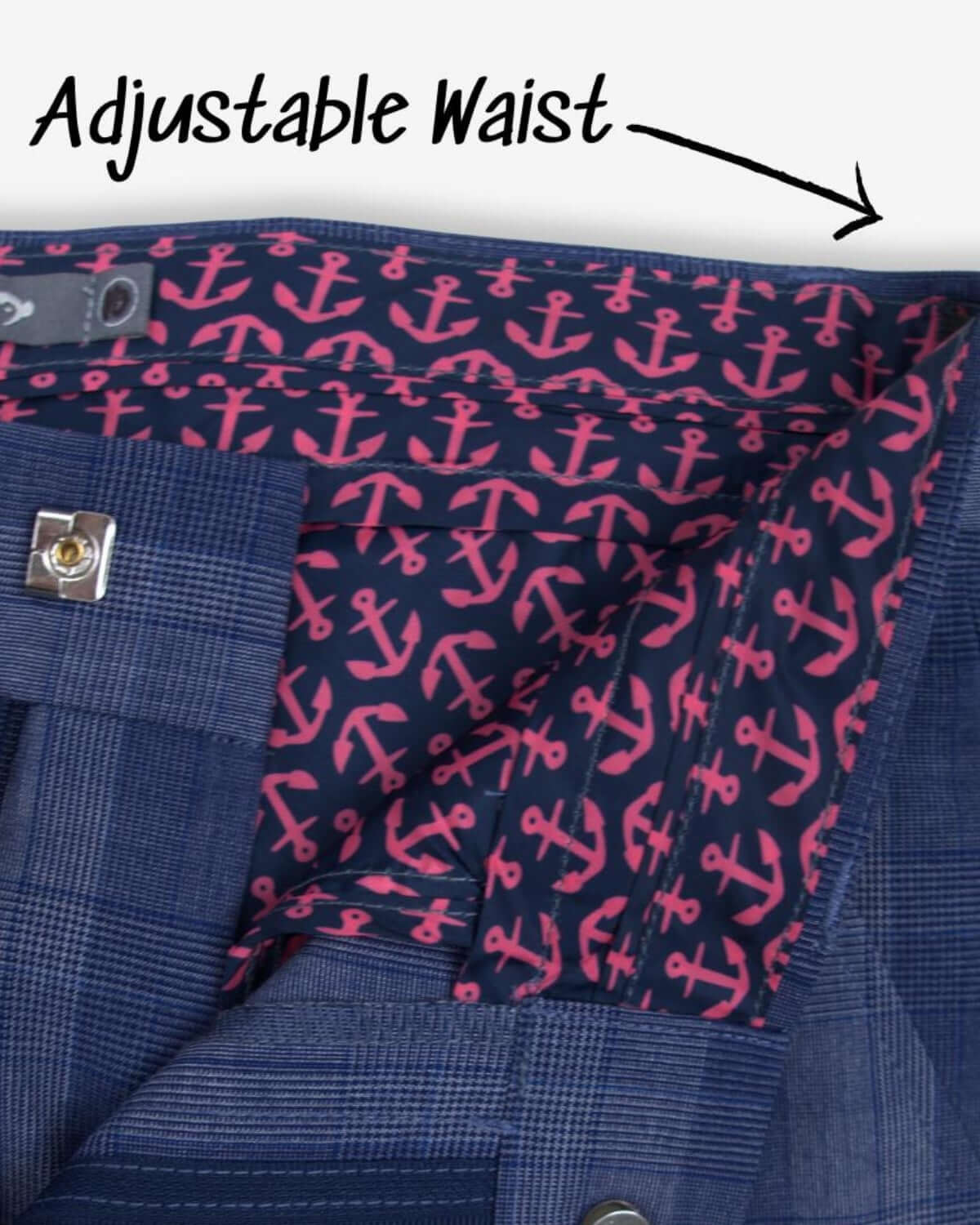Close-up of adjustable waist in Indigo Glen Plaid Suit Pants, designed for comfy fit and stylish flair for kids.