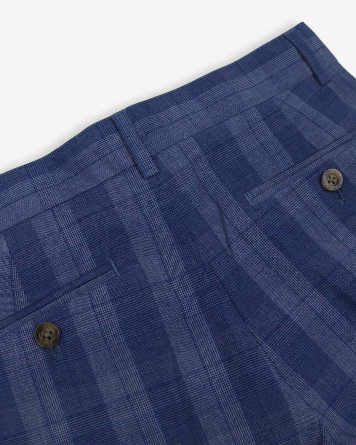 Back view of stylish indigo plaid suit pants for kids, featuring a durable design ideal for back-to-school adventures!