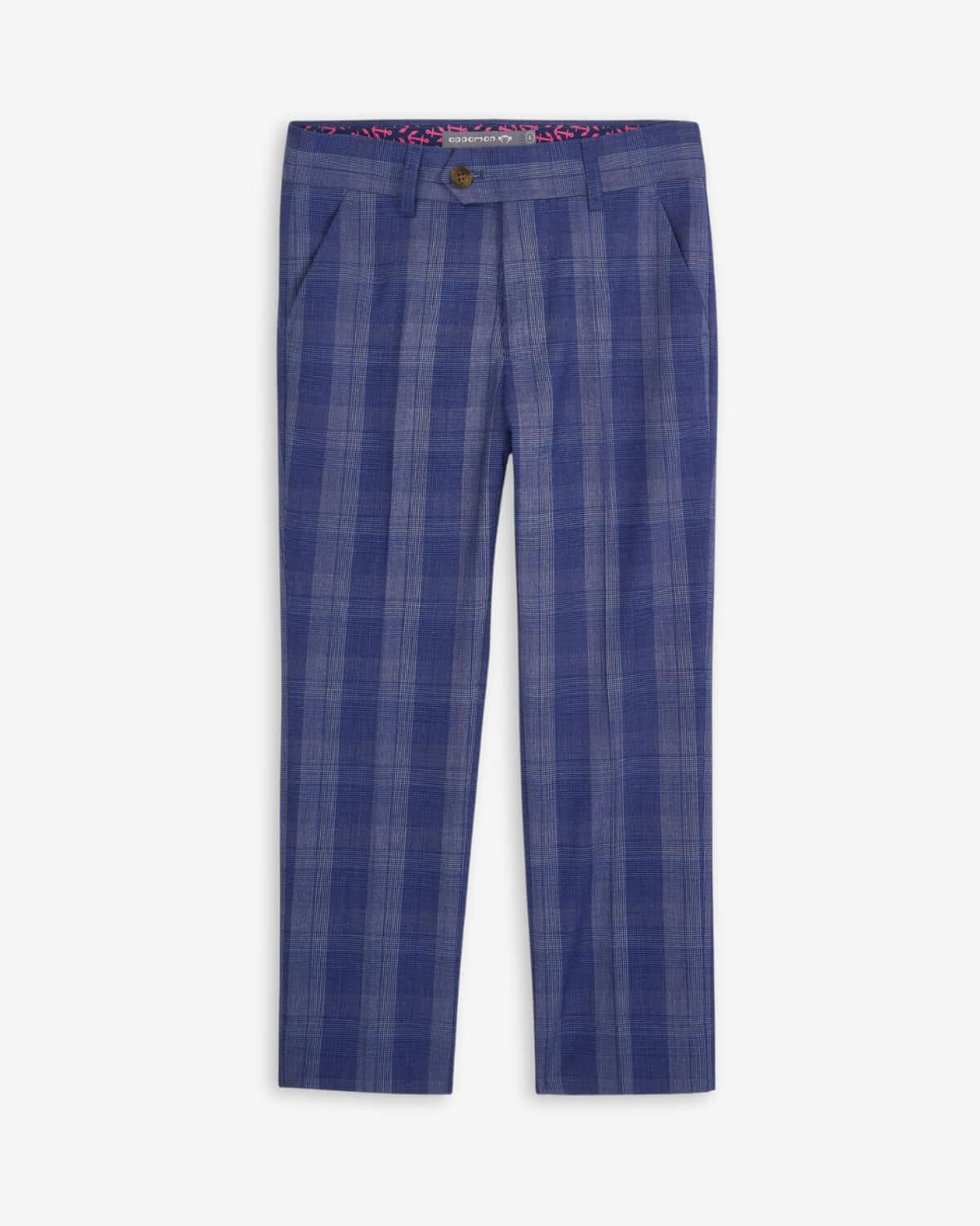 Indigo Glen Plaid Stretchy Suit Pants showcasing a classic plaid design in modern indigo coloring.