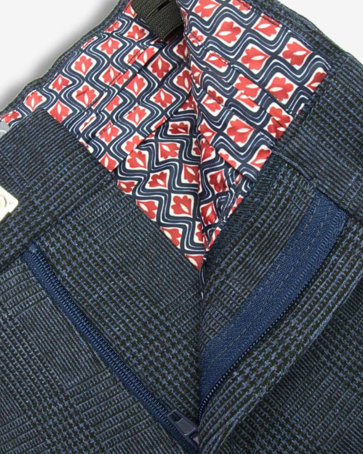 Indigo Wales Check Stretchy Suit Pants interior details showcasing pockets and adjustable waistband.