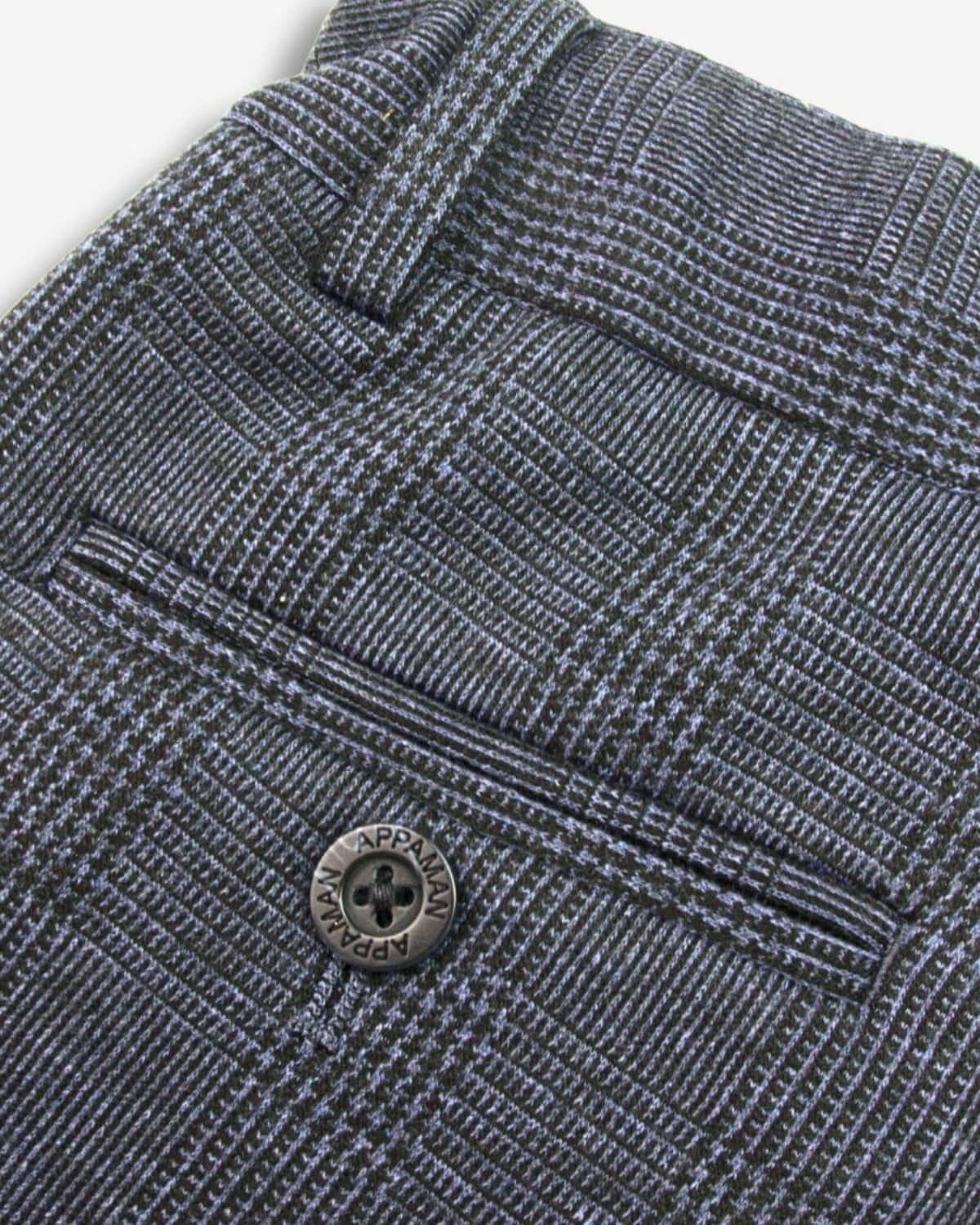 Stylish close-up of Indigo Wales Check Suit Pants, perfect for dapper kids and back-to-school flair.