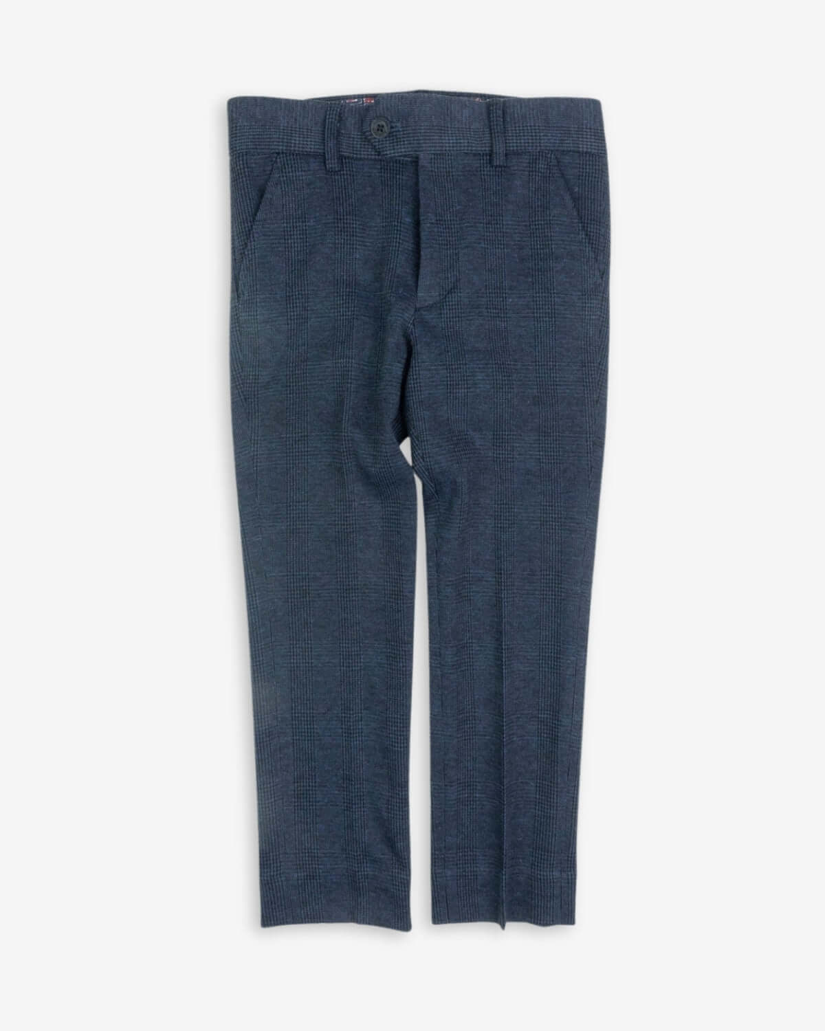 Stylish indigo check stretchy suit pants for boys, perfect for formal occasions and back-to-school charm!