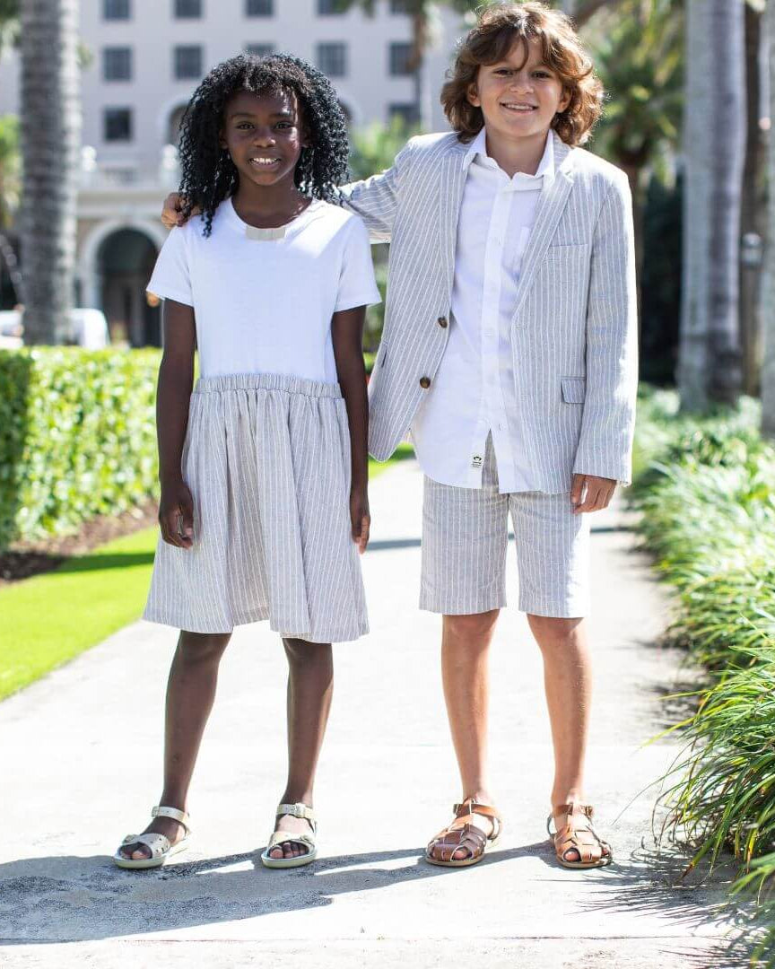 Stylish kids in Sand Stripe Breezy Set—perfectly playful for back-to-school adventures and summer fun!