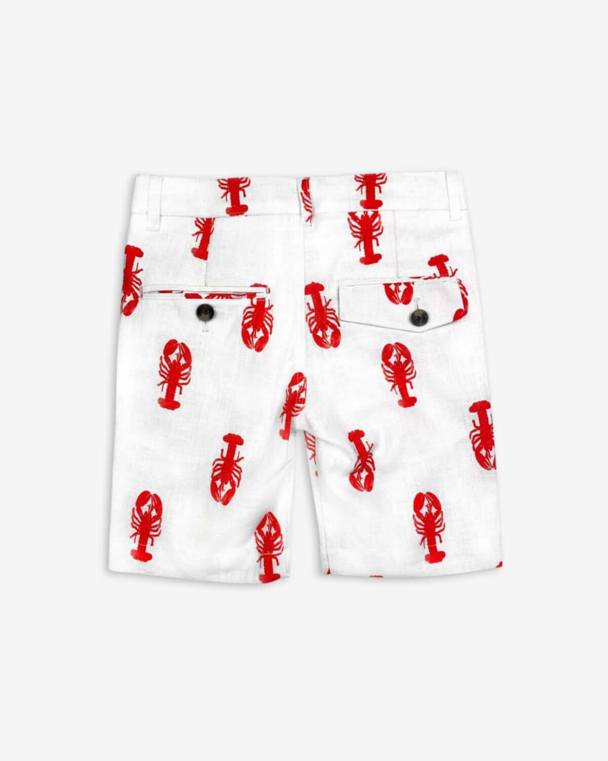 Back view of playful lobster-patterned trouser shorts—durable kids’ clothes for stylish summer adventures!