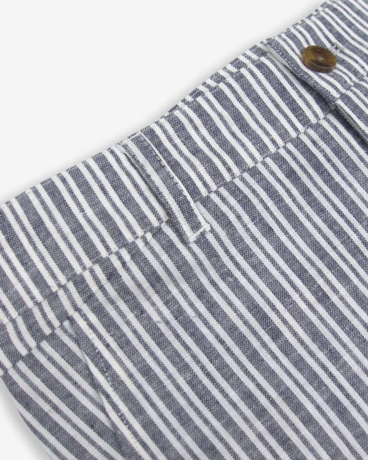 Close-up of Navy Stripe Linen Trouser Short waistband, showcasing high-quality fabric and stylish striped pattern for kids.