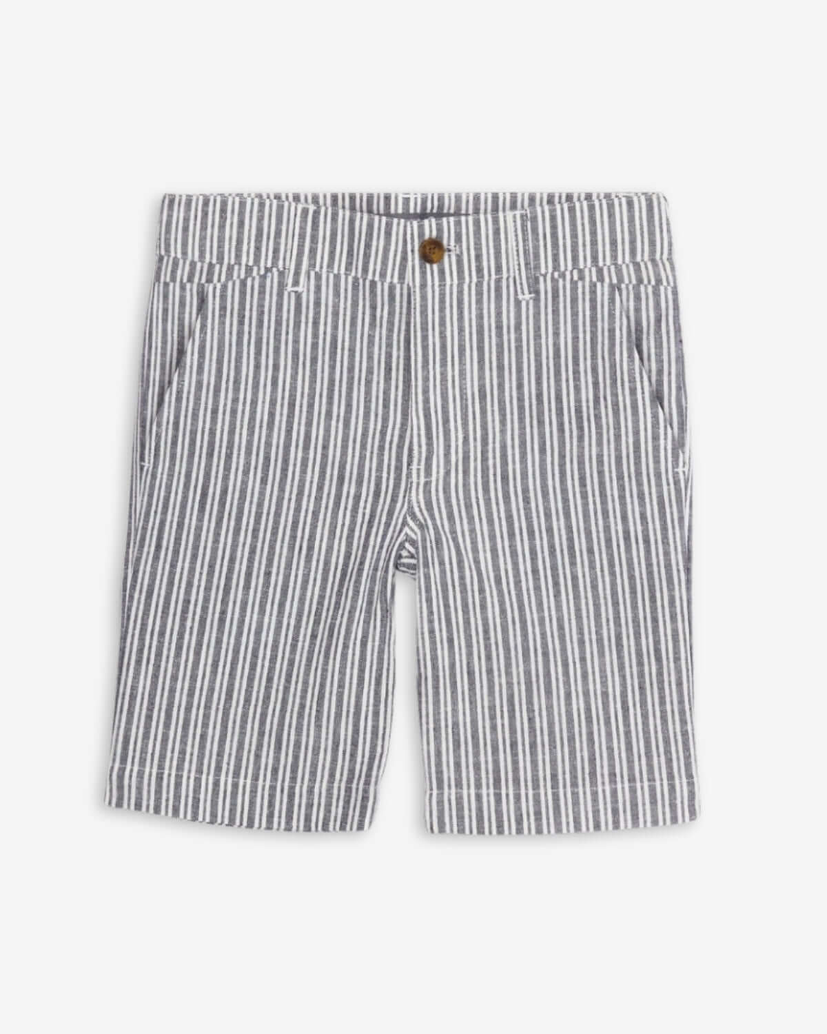 Navy Stripe Linen Trouser Short with playful stripe design perfect for summer adventures.