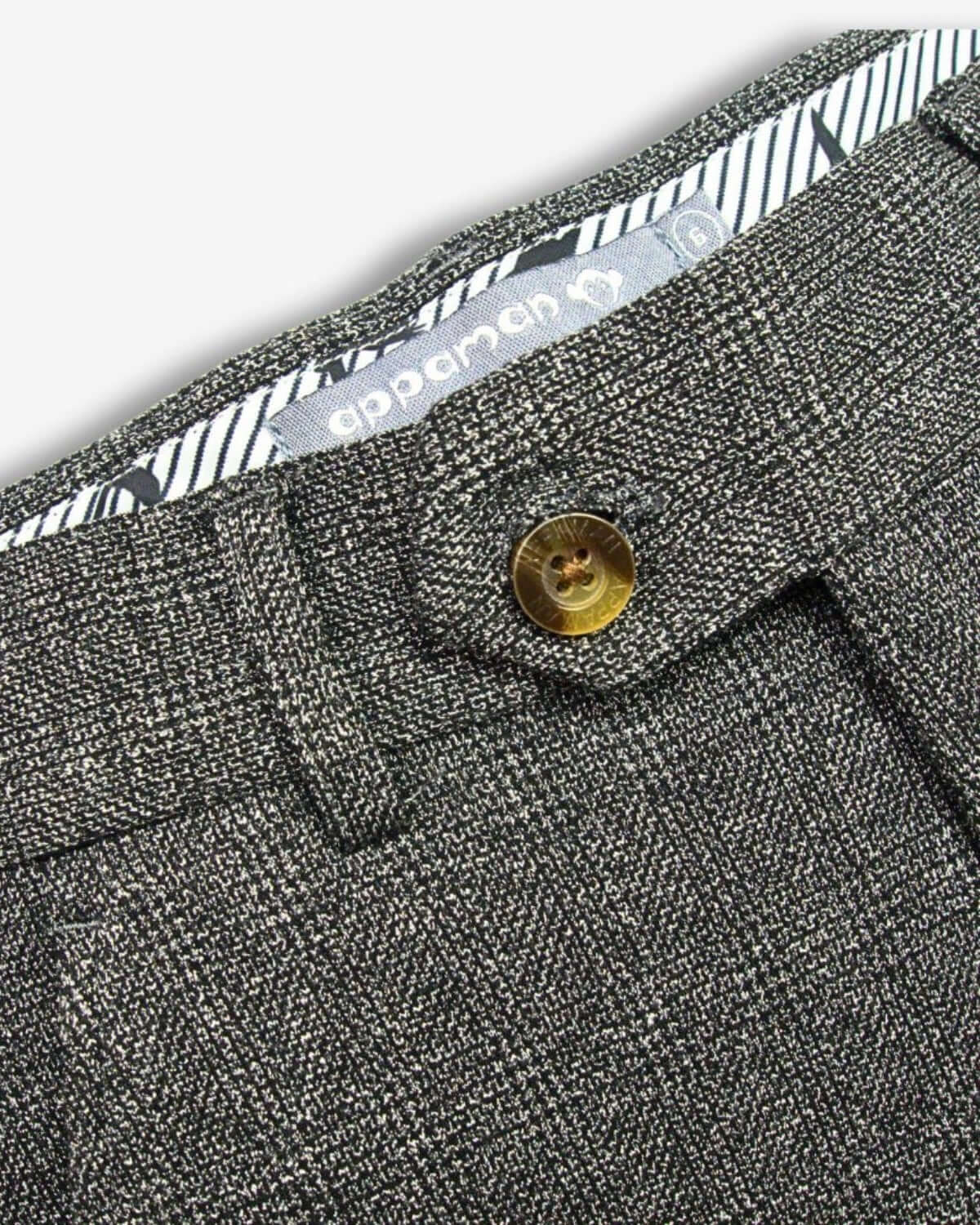 Noir Micro Plaid Stretchy Suit Pants waistband detail with button and label