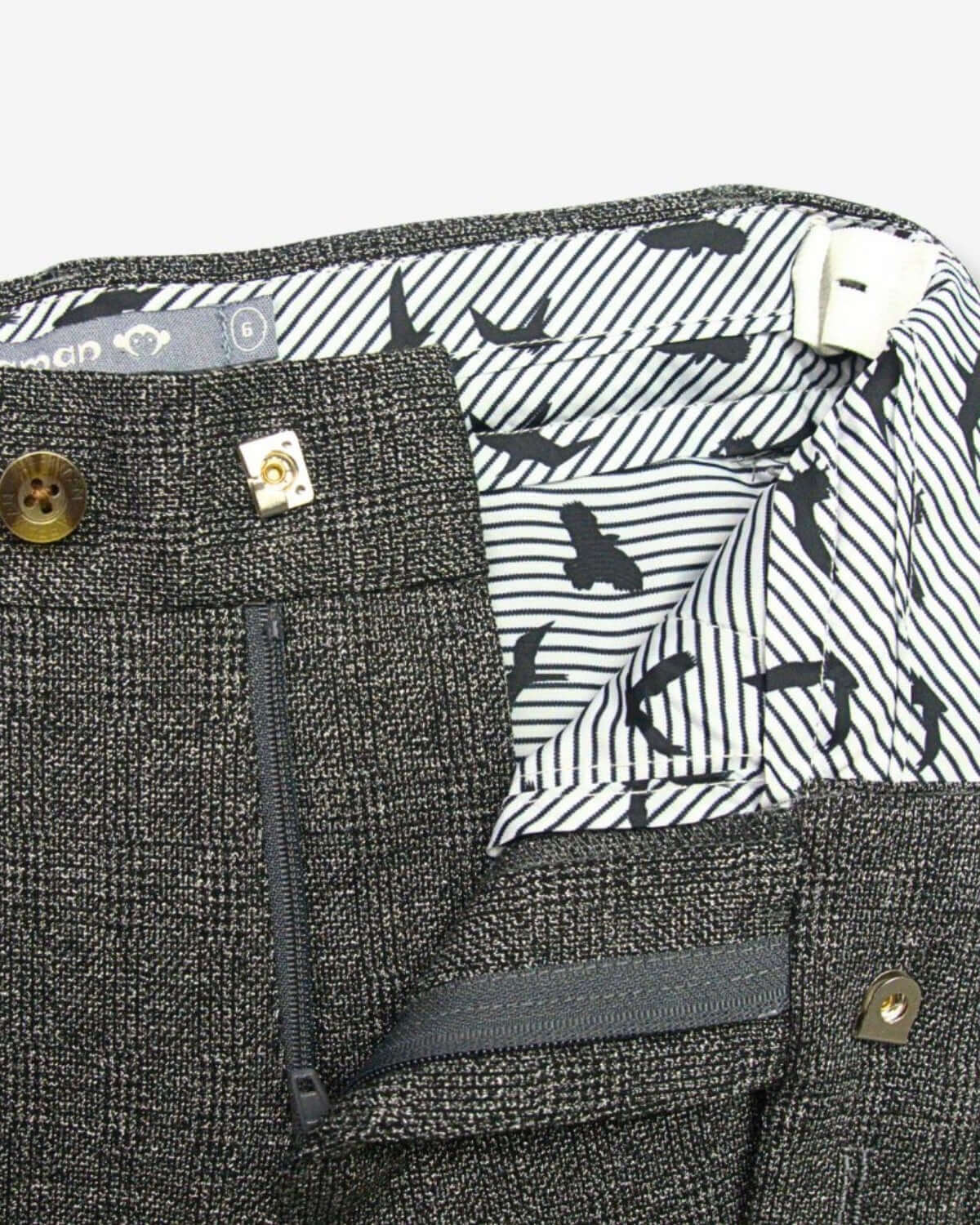 Noir Micro Plaid Stretchy Suit Pants showcasing stylish interior design with pockets and pattern detail.