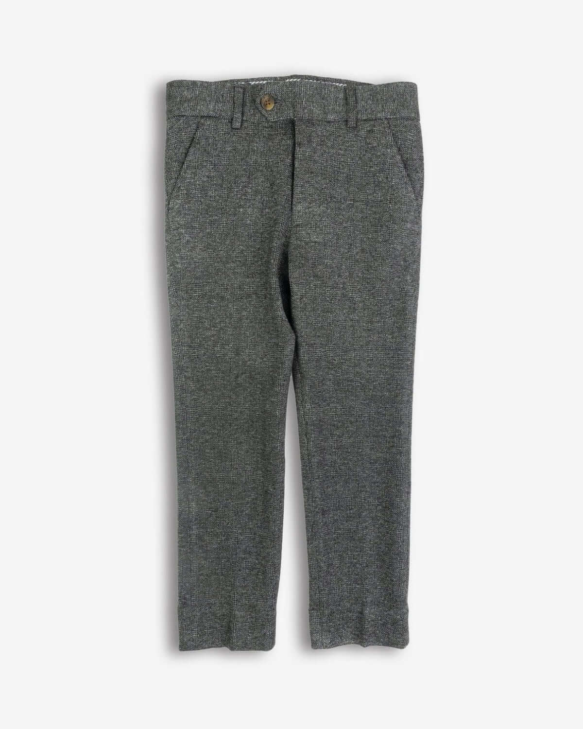 Stylish boys' noir micro plaid dress pants with pockets and adjustable waistband for all formal occasions.