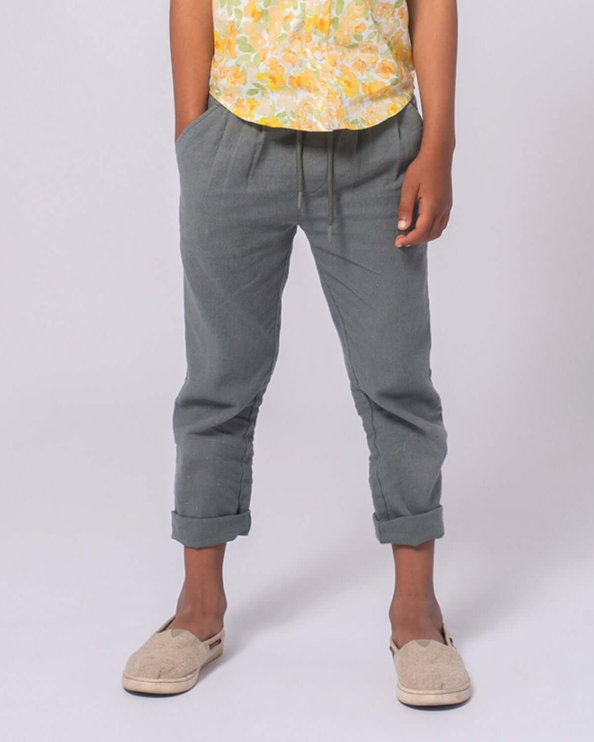 Stylish sage linen resort pant for boys—perfect for school days and weekend fun in high-quality kids clothes.