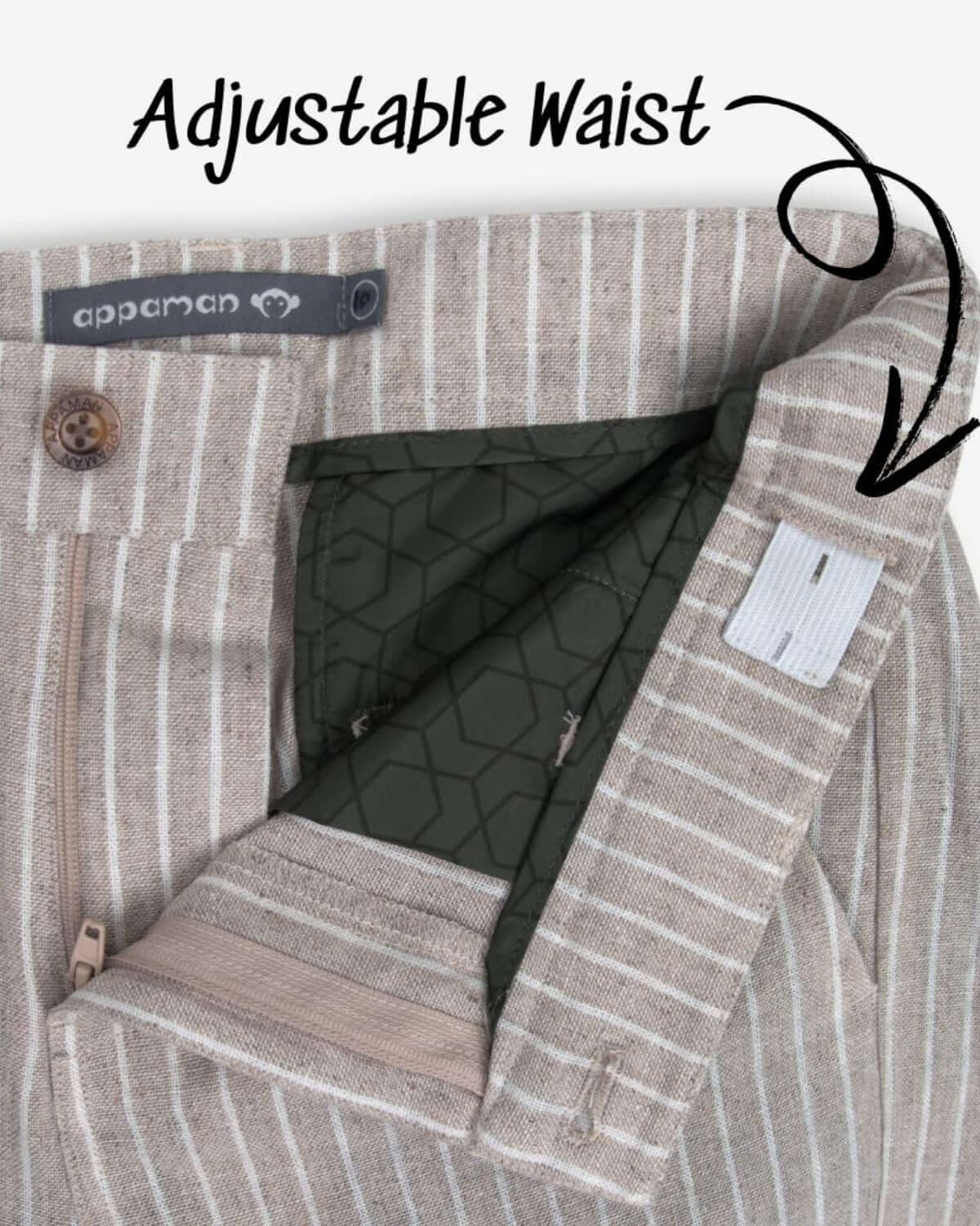 Close-up of sand stripe trouser shorts showing adjustable waist feature for a perfect fit, ideal for kids' fashion.