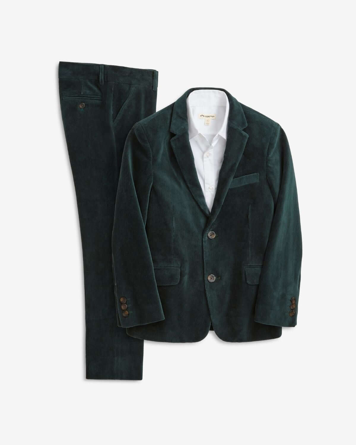Evergreen Velvet Suit Set featuring a deep forest green blazer and tailored pants, perfect for festive occasions.