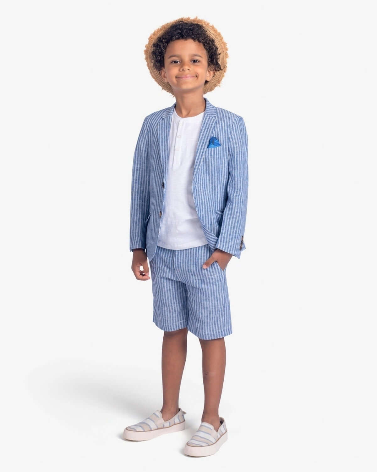 Stylish kid in a Cabana Stripe Sports Jacket, perfect for back to school; high-quality boys and girls clothes.