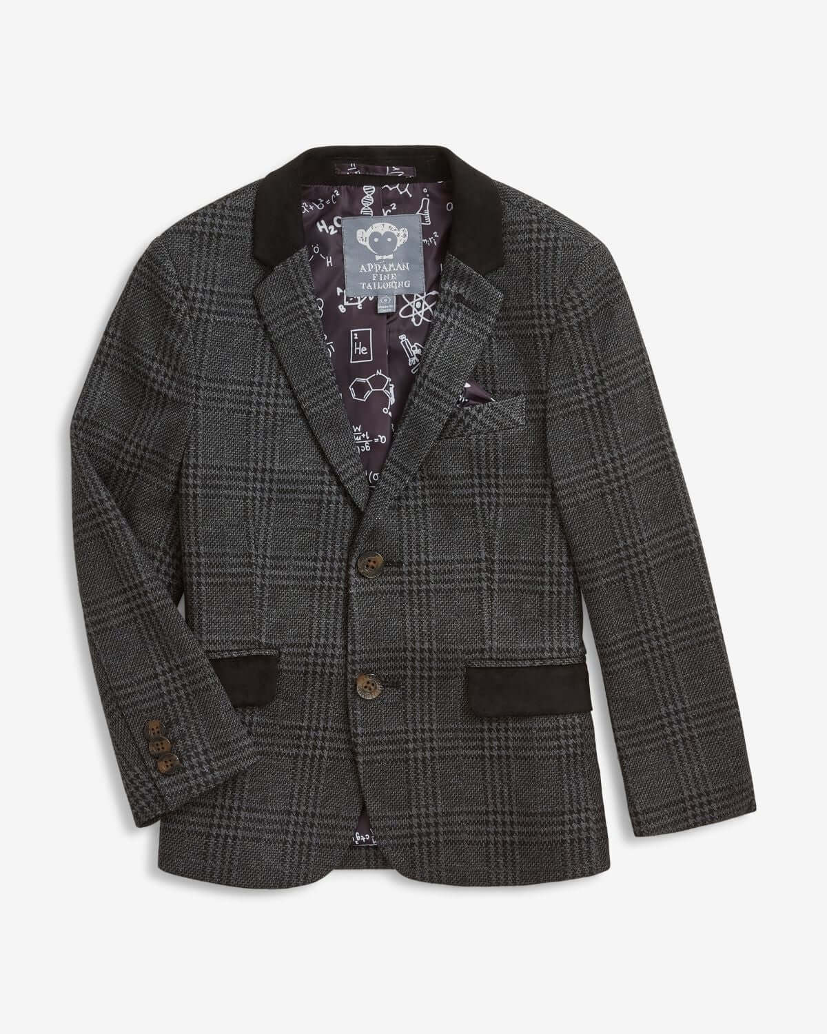 Chic Professor Plaid Club Jacket for kids, featuring stylish buttons, pockets, and a playful science-themed lining.