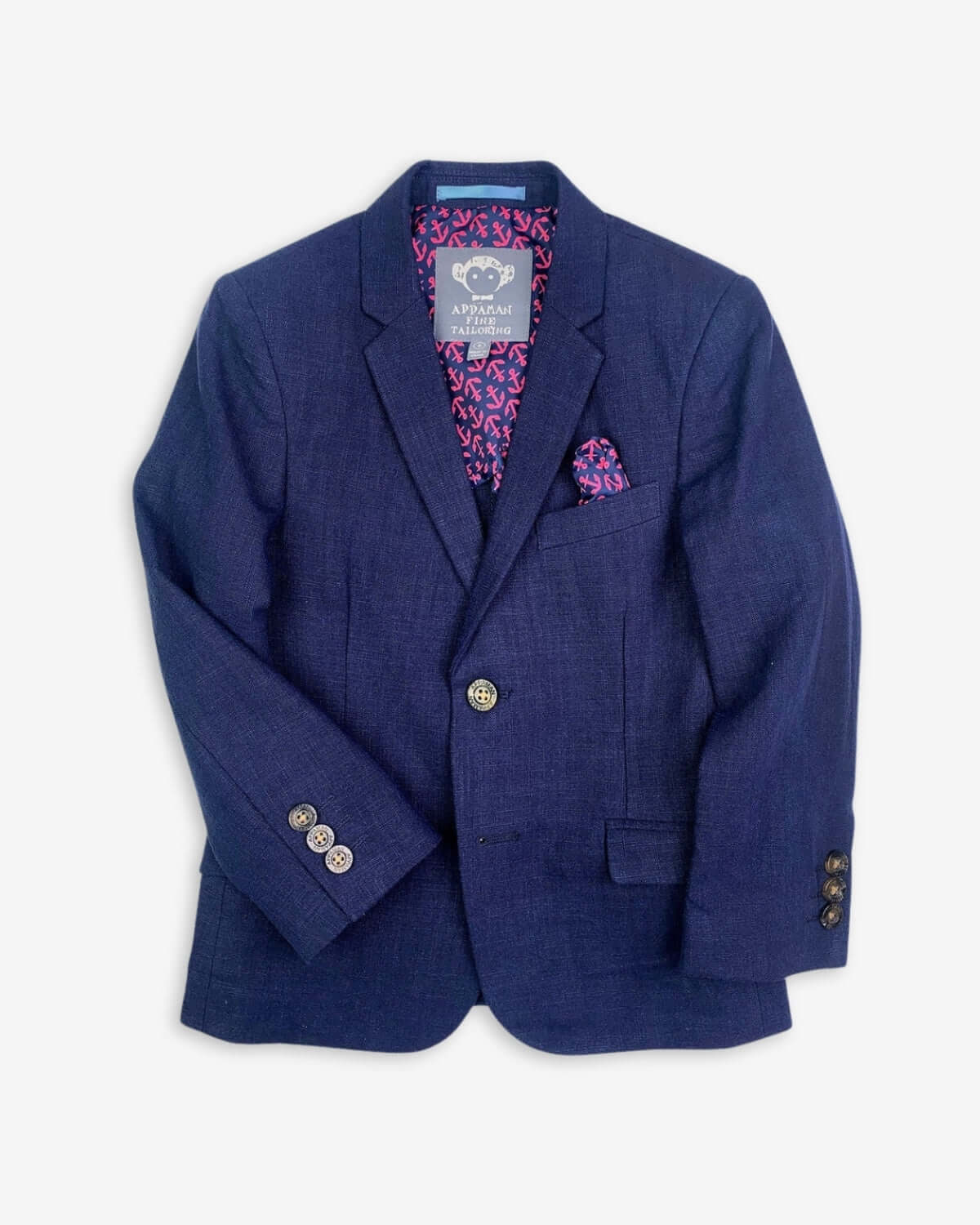 Stylish dark navy sports jacket for kids, perfect for back to school—featuring a fun pocket square and playful flair!
