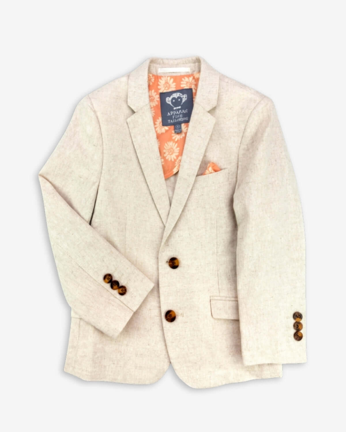 Stylish linen blend sports jacket for kids, featuring notch lapels and a chic pocket square—perfect for back to school adventures!
