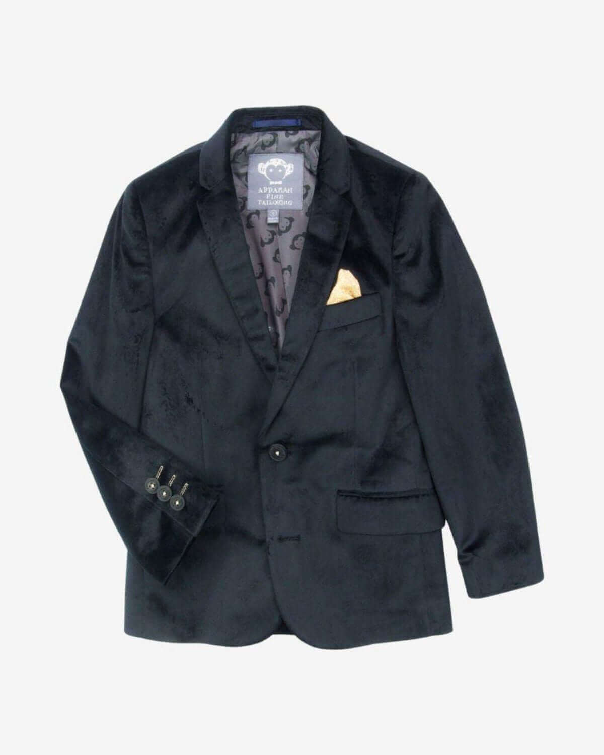 Stylish black velvet suit blazer for kids, adding a dash of swagger to winter holidays and special occasions.