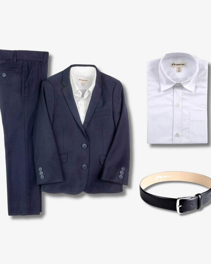 Suited Up | 3-Piece dress set featuring a navy suit, white shirt, and black leather belt for kids.