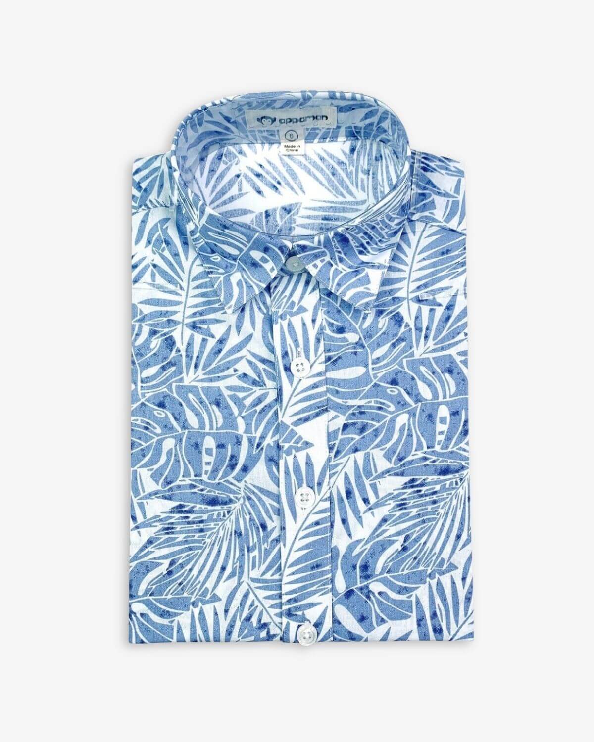 Blue Palms Day Party Shirt featuring a vibrant blue tropical leaf pattern.