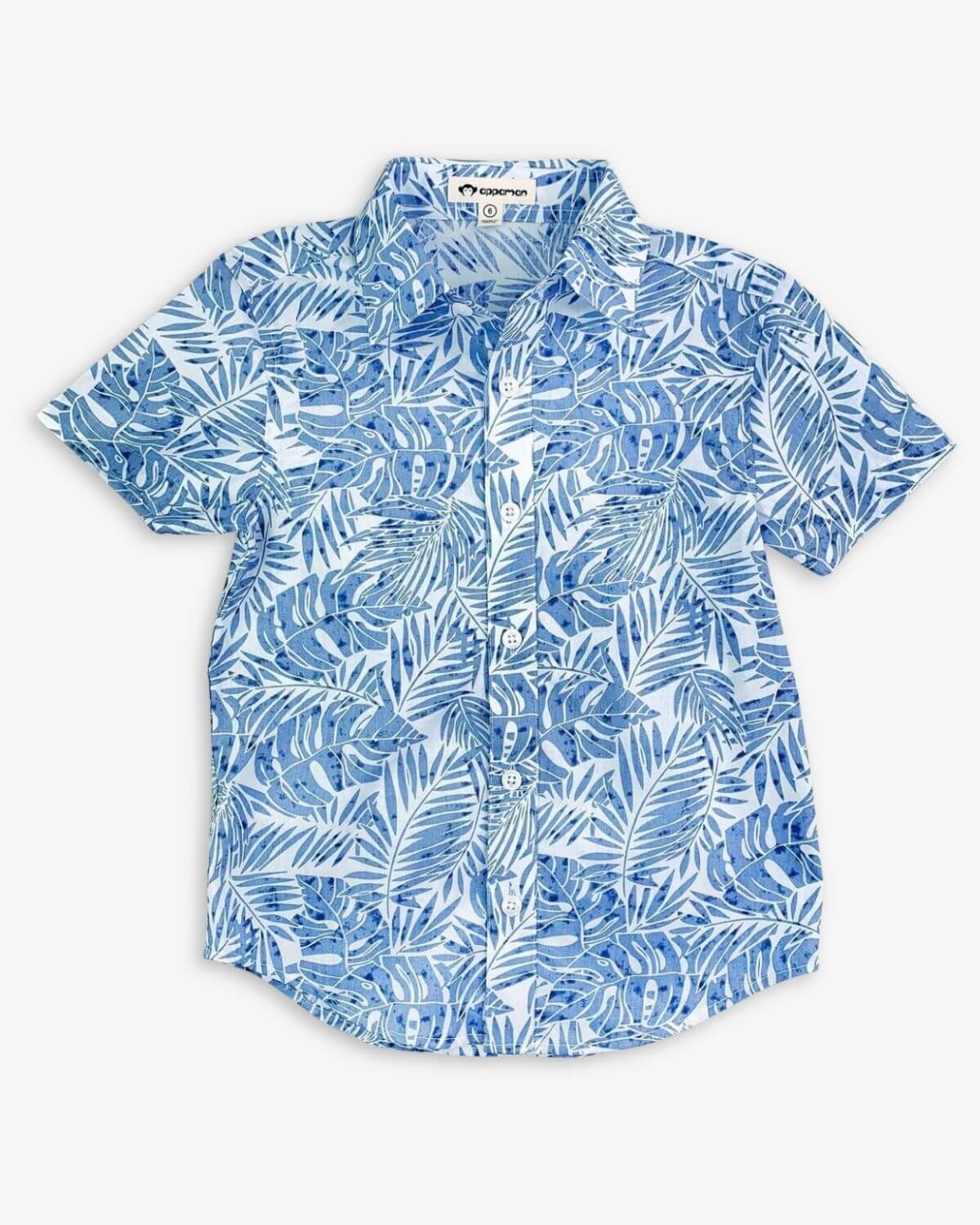Blue Palms Day Party Shirt with a blue and white tropical leaf pattern, perfect for festive occasions.