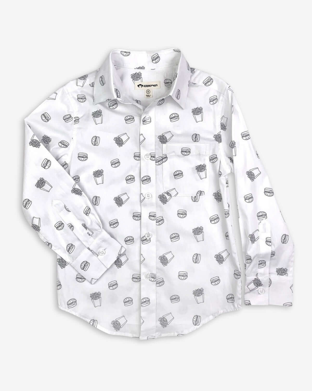 Playful burger & fries print shirt for kids—snazzy, comfy, and perfect for back-to-school in high-quality cotton!