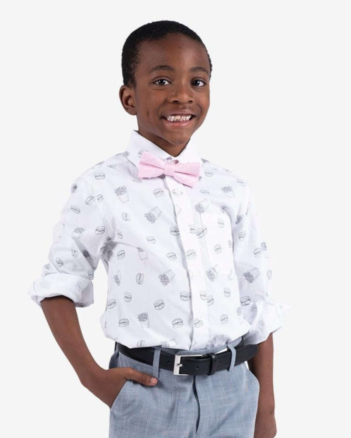 Stylish kids shirt with fun burger print, perfect for back to school in high-quality, durable kids clothes.