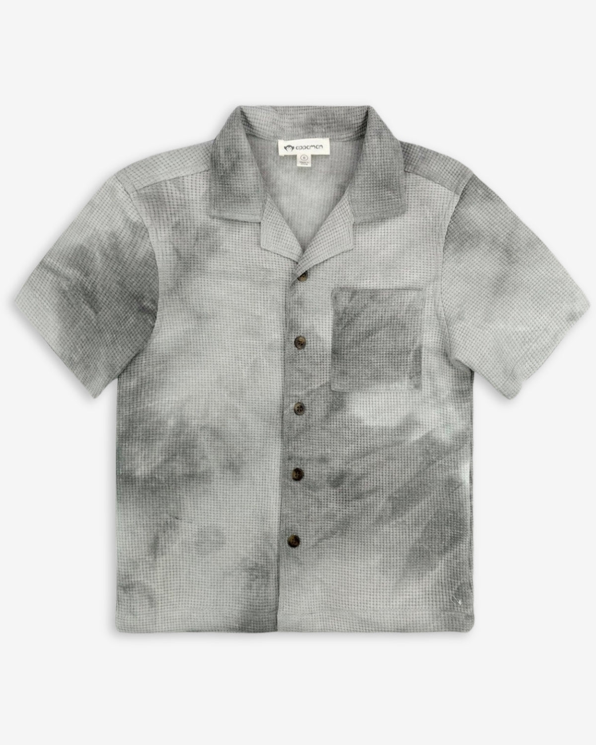 Stylish kids' grey tie dye resort shirt with front pocket, perfect for summer adventures in high-quality, durable fabric.