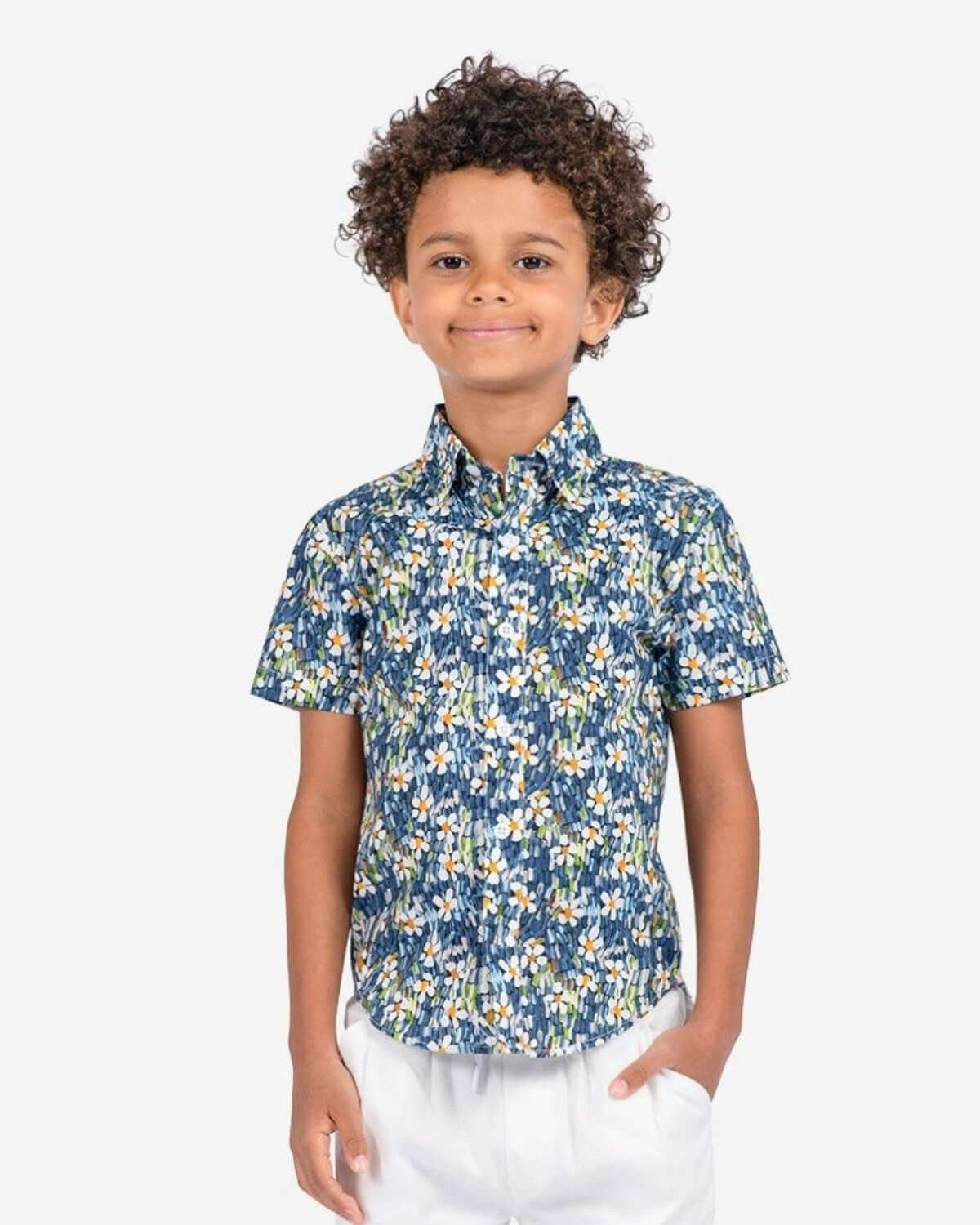 Stylish kid rocking the Navy Daisy Day Party Shirt, a must-have for fun gatherings and trendy back-to-school vibes!