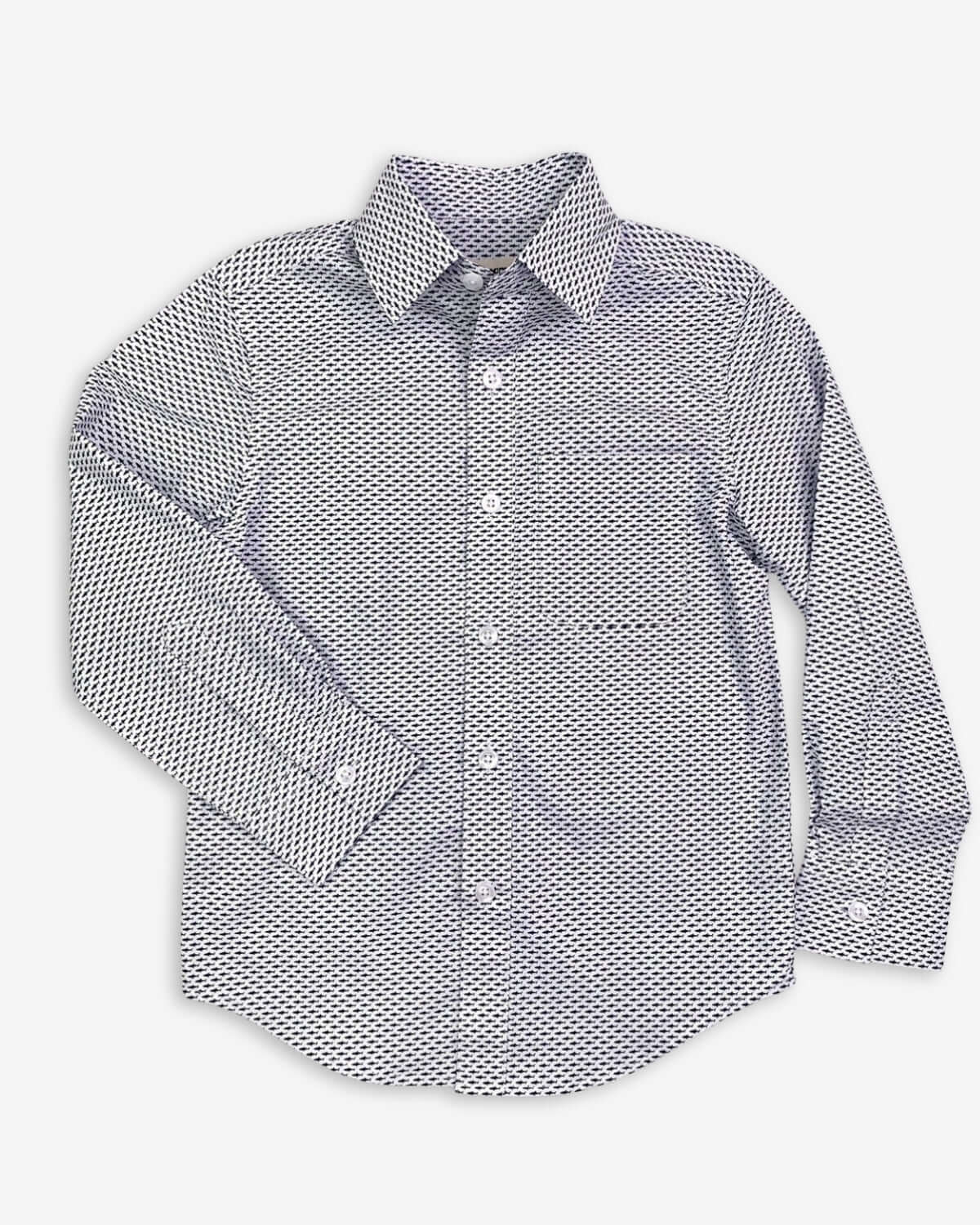 Stylish navy blue shark print shirt for kids, perfect for back to school! High-quality, durable boys and girls clothes.