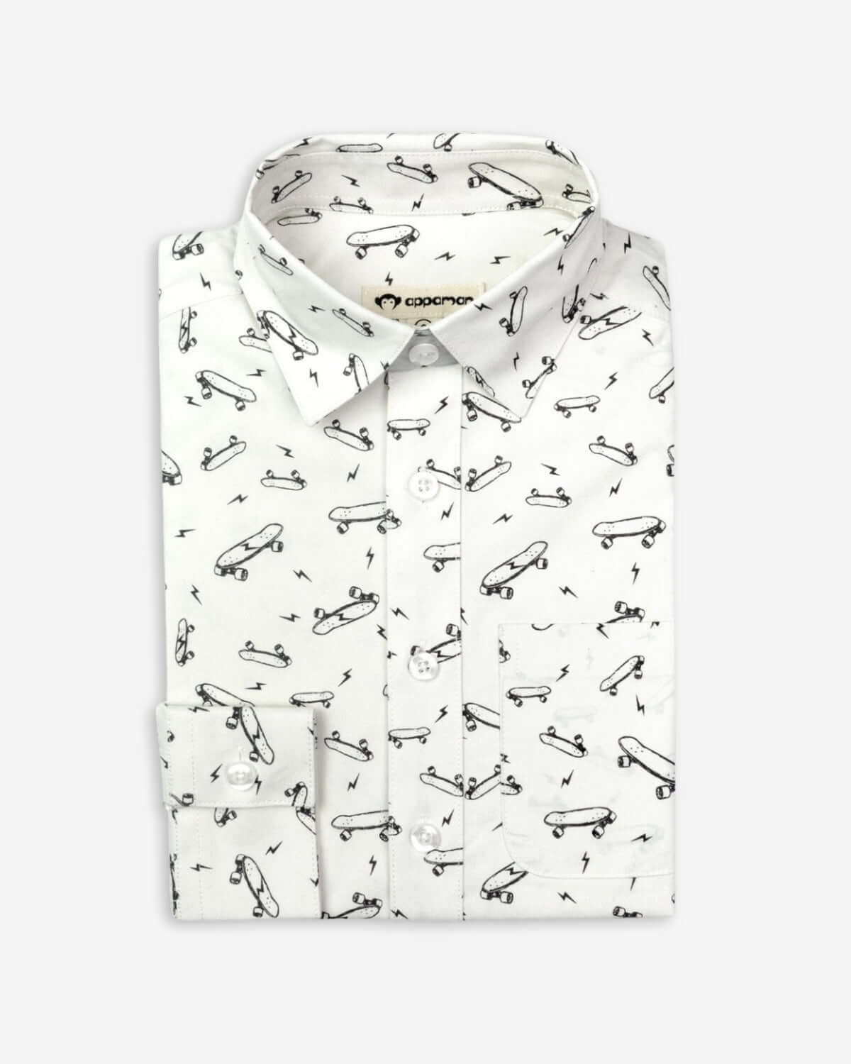 Skater Vibes Standard Button Down featuring playful skateboard print on a classic white backdrop, perfect for any occasion.