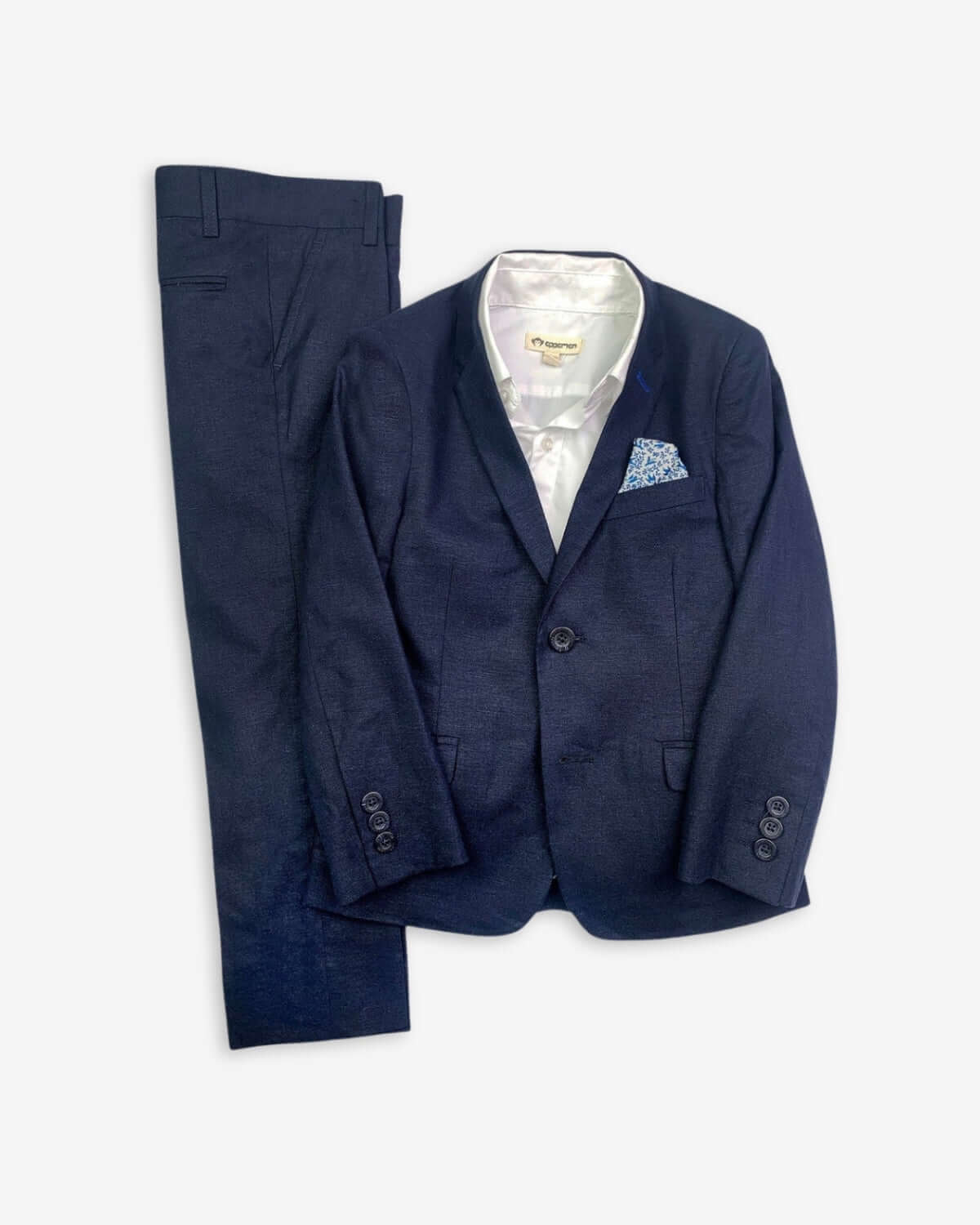 Eclipse Stretchy Mod Suit: chic navy blazer with adjustable pants, perfect for stylish boys and girls ready for back to school.