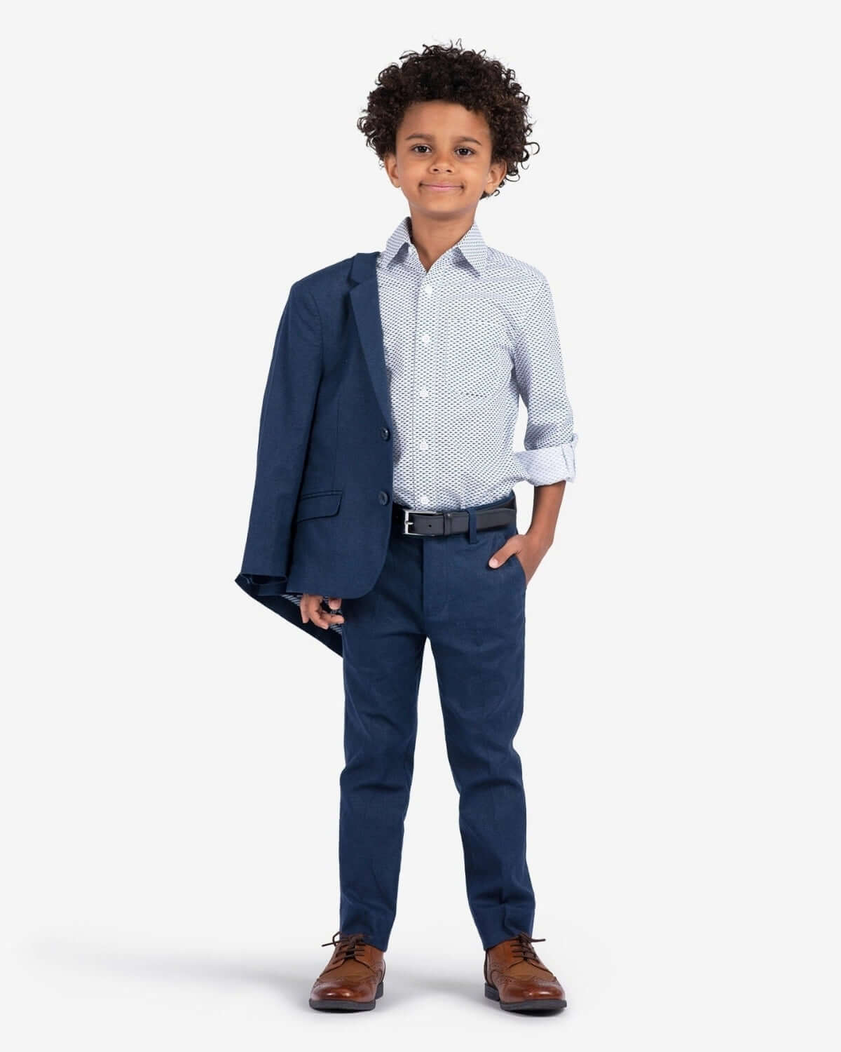 Stylish little trendsetter in navy Eclipse Stretchy Mod Suit, ready for school or special occasions—high-quality kids clothes!