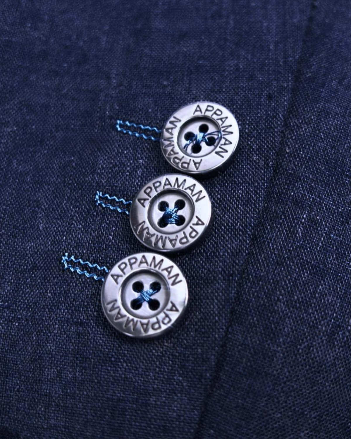 Close-up of Appaman buttons on Estate Blue Mod Suit, showcasing stylish detail for kids' fashion.