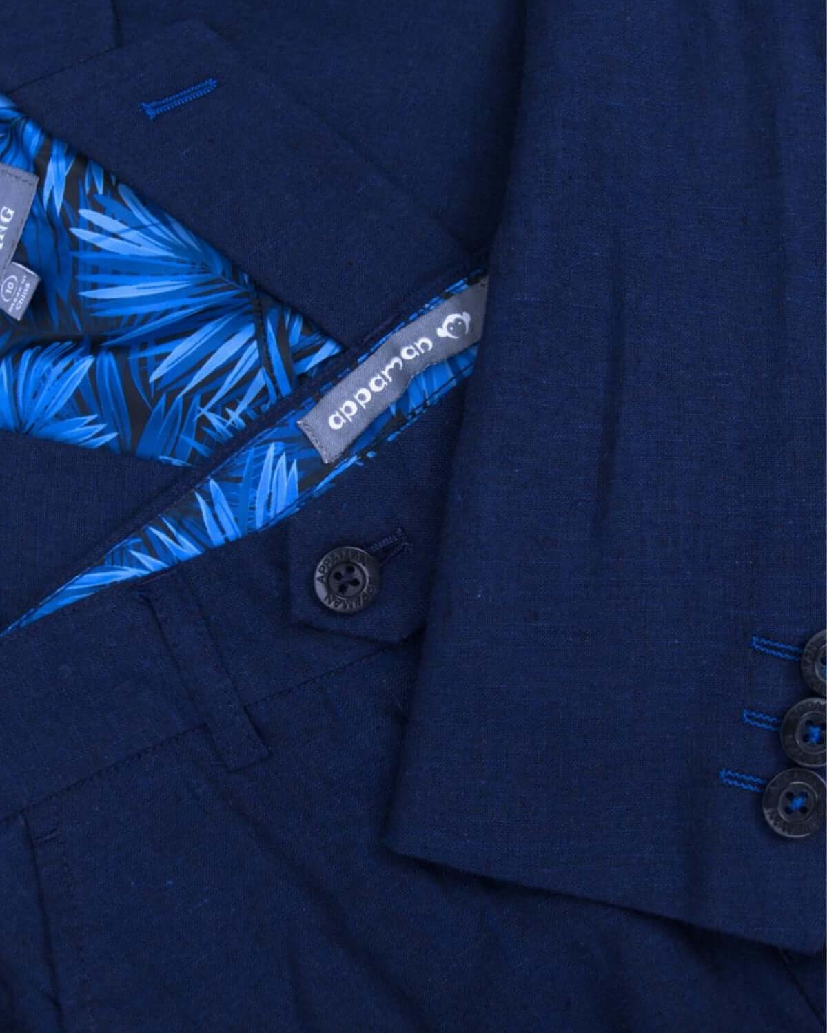 Estate Blue Linen Stretchy Mod Suit with vibrant blue interior and stylish buttons.