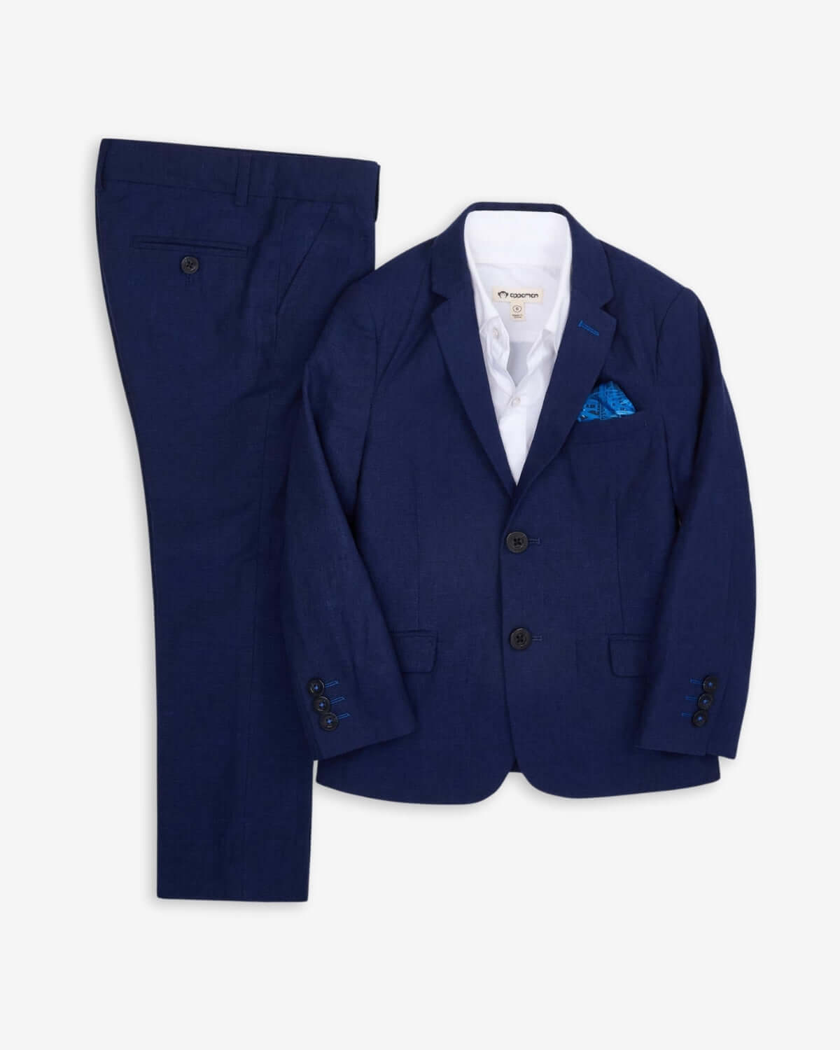 Estate Blue Linen Stretchy Mod Suit showcasing a stylish jacket and pants set for kids.