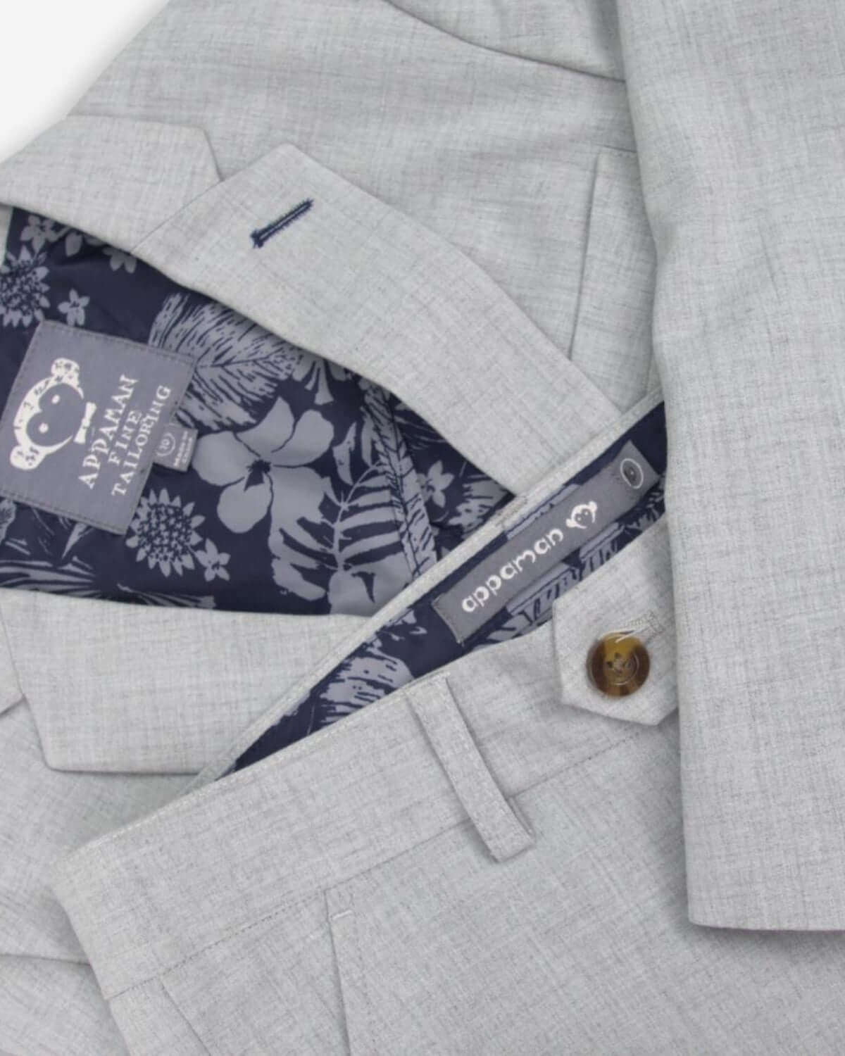 Dapper High Rise Grey Stretchy Mod Suit for kids, featuring a stylish floral lining and durable fabric.
