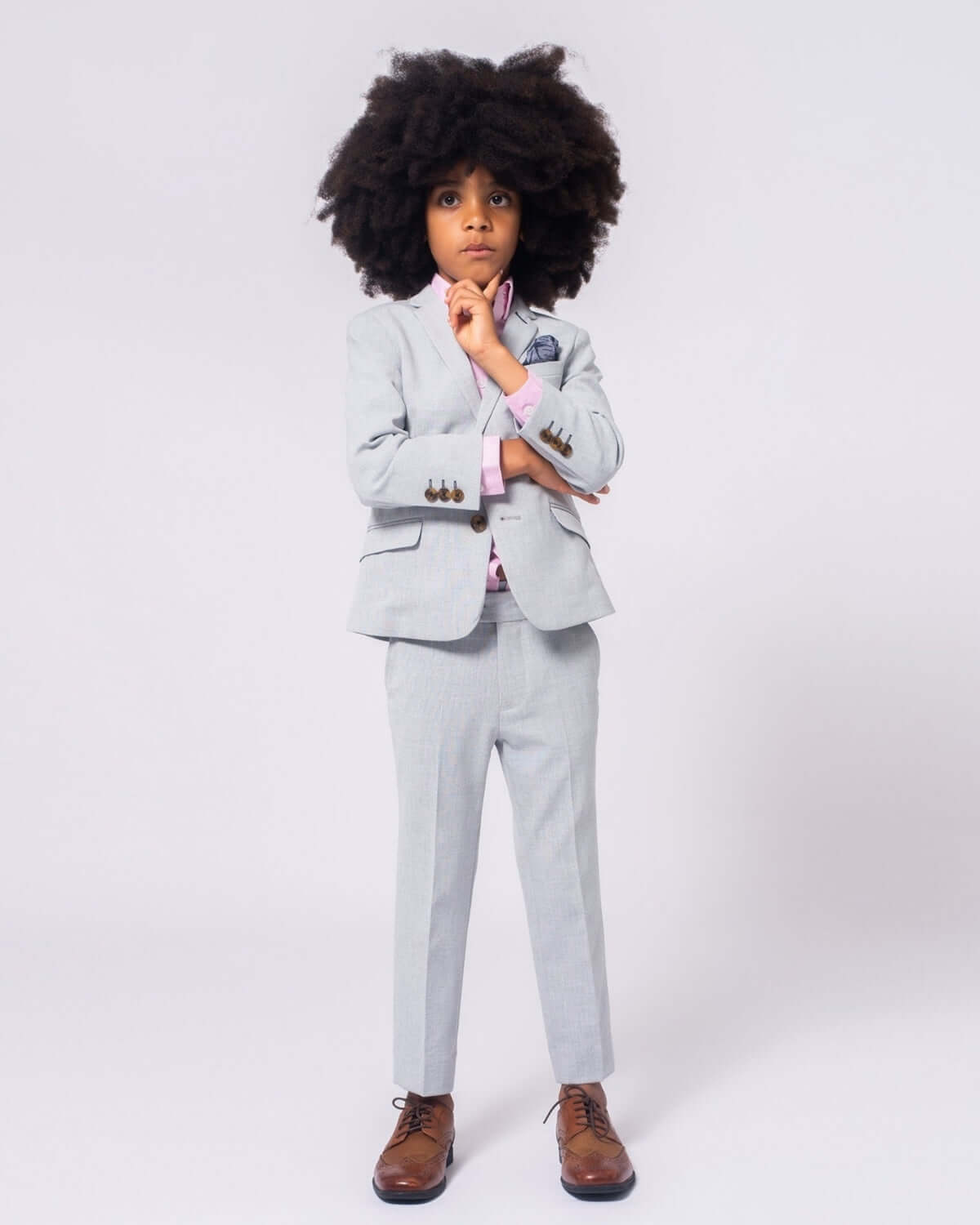 High Rise Grey Stretchy Mod Suit for kids, featuring modern fit and stylish design, perfect for special occasions.