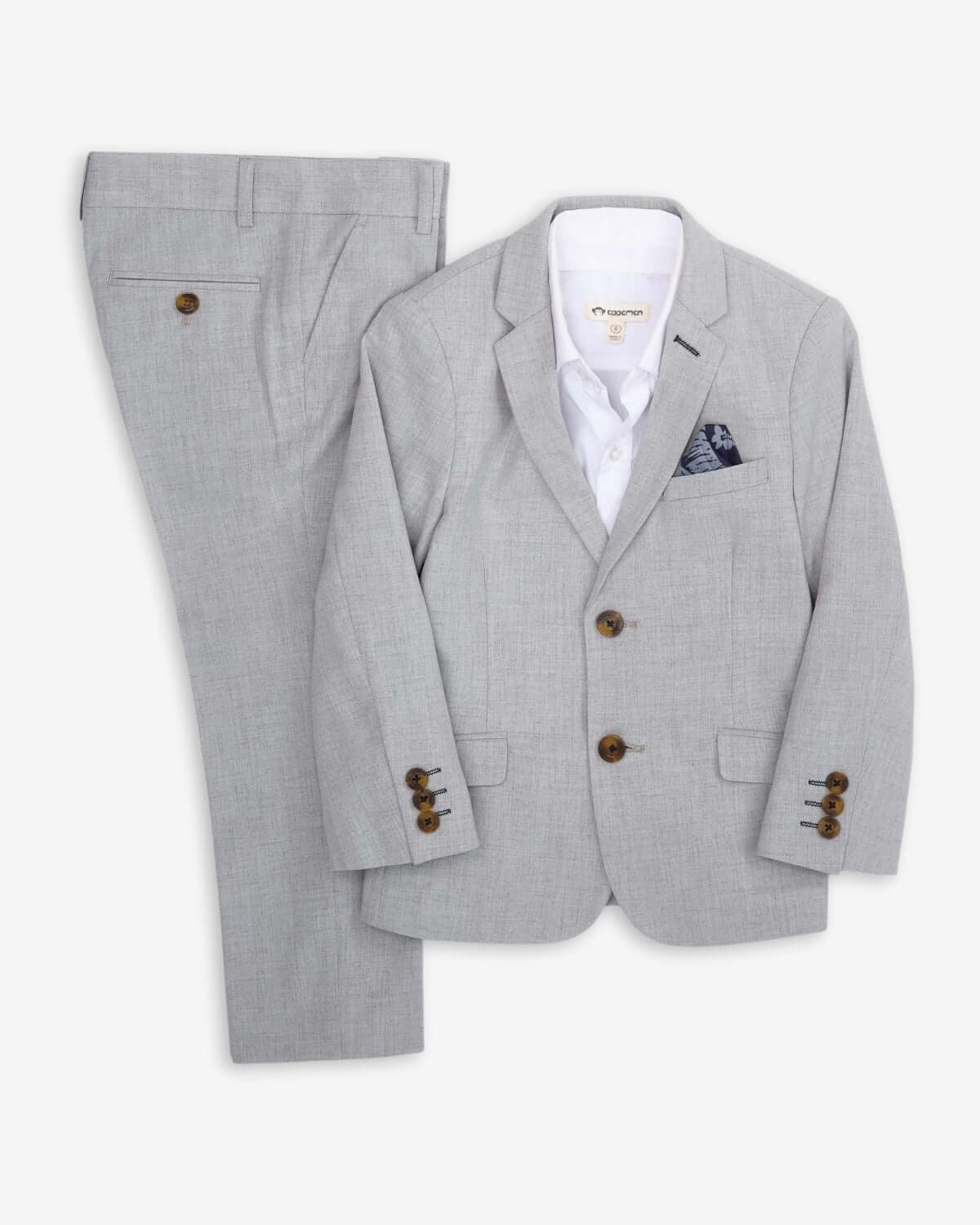 High Rise Grey Stretchy Mod Suit for kids, featuring a blazer and pants, perfect for special occasions.