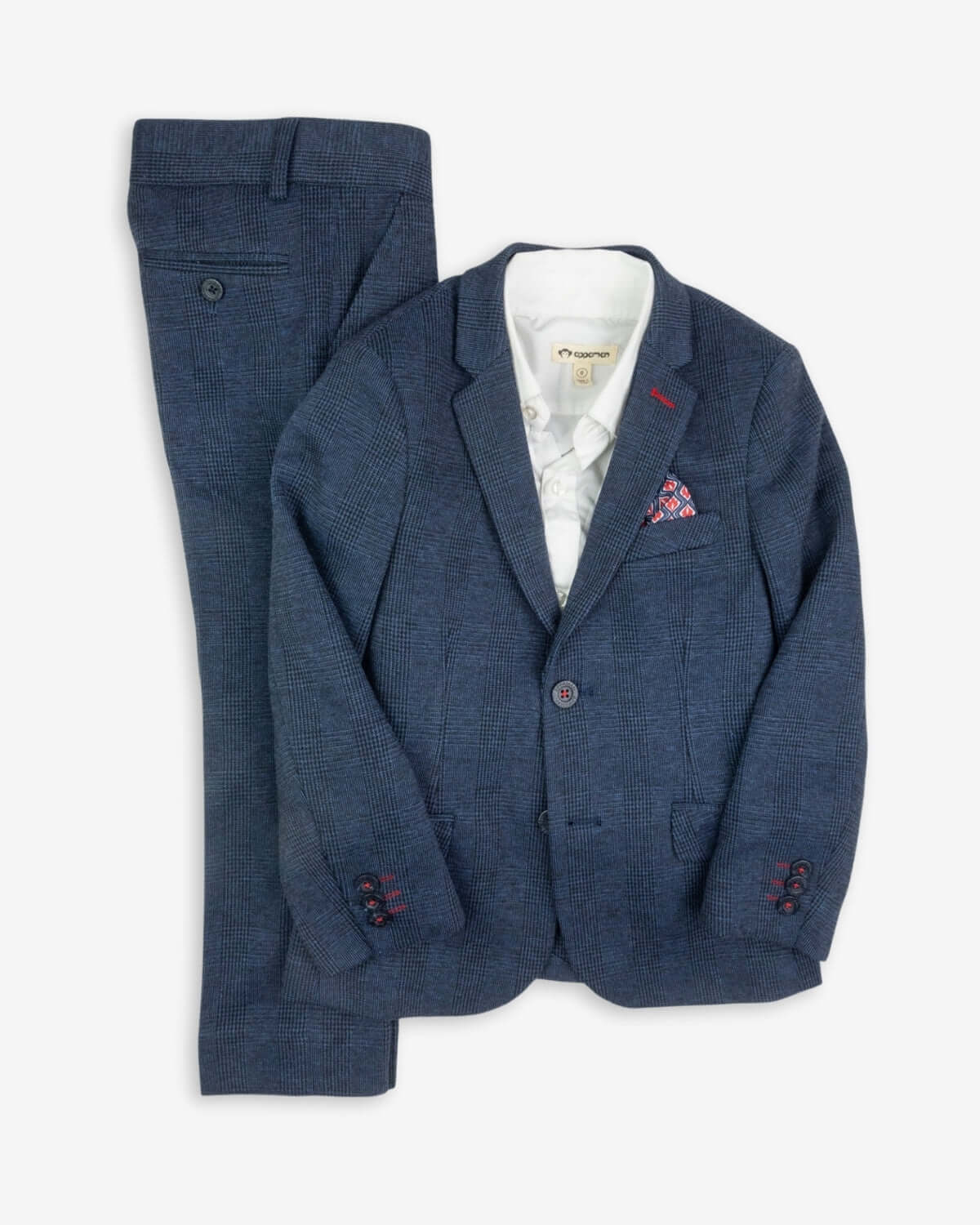 Stylish kids indigo check Mod Suit set, combining fun and sophistication for boys and girls this back to school season.