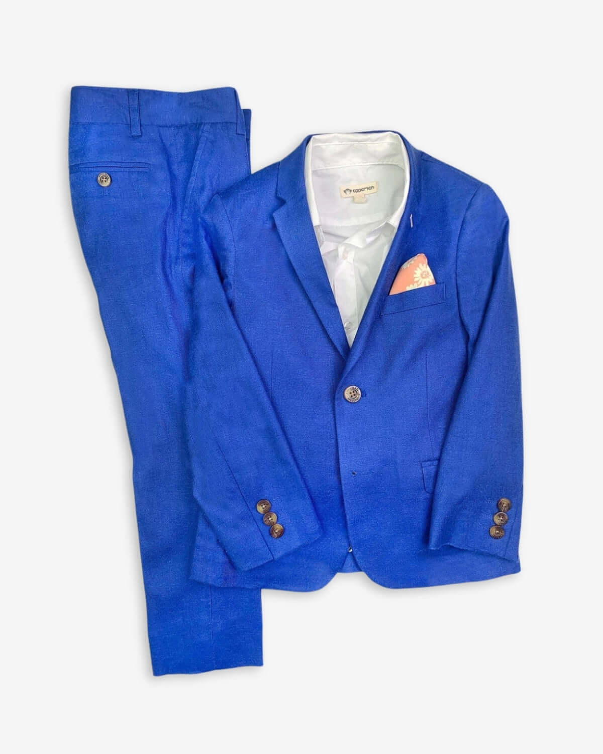 Nautical Blue Stretchy Mod Suit featuring a notch-lapel blazer and adjustable waist pants for kids.